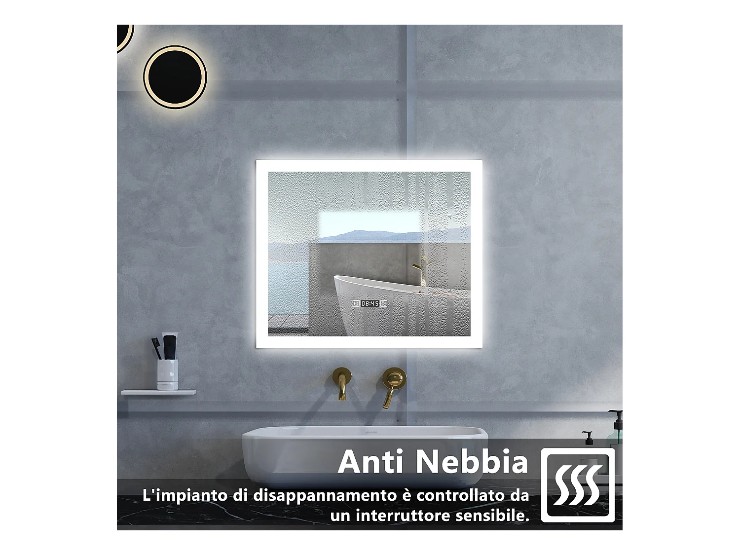 Specchio da bagno Rettangolare con 120x70cm,orologi,3 colori,Memoria, Antifog,Regorabile,Retroilluminato,doppio interruttore,