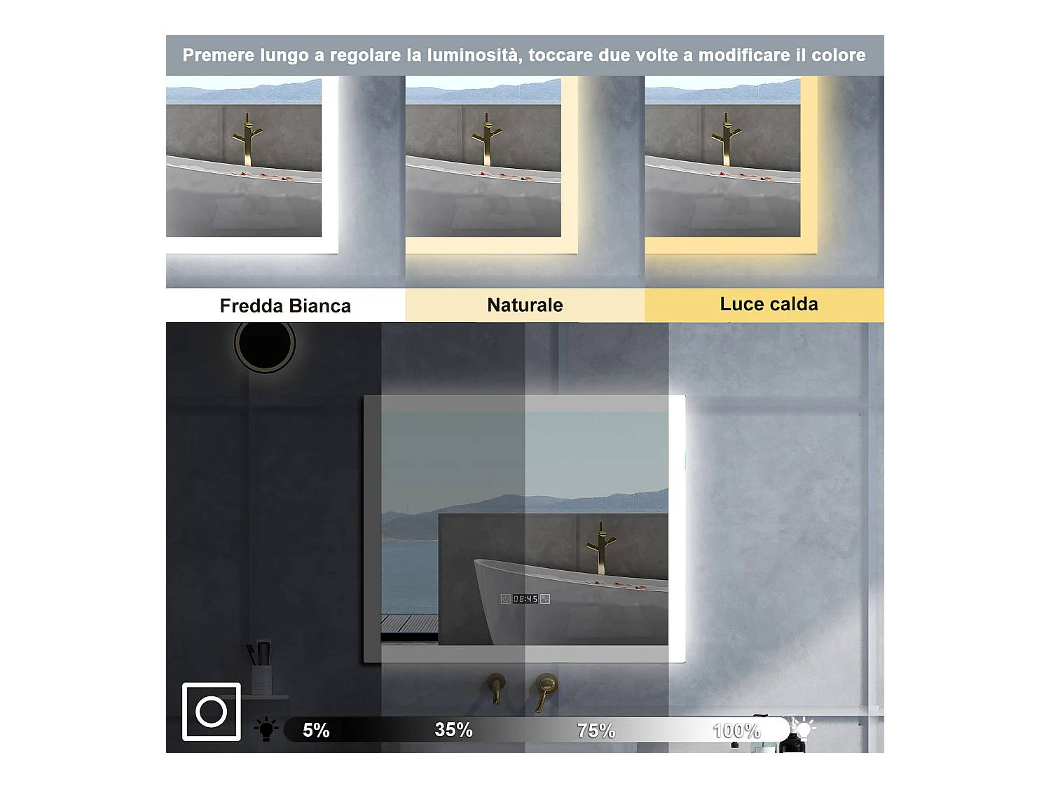 Specchio da bagno Rettangolare con 120x70cm,orologi,3 colori,Memoria, Antifog,Regorabile,Retroilluminato,doppio interruttore,