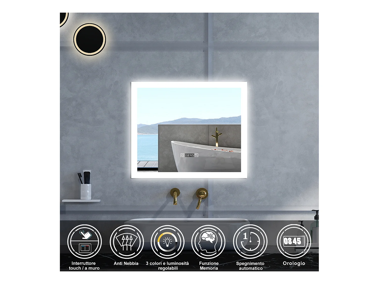 Specchio da bagno Rettangolare con 120x70cm,orologi,3 colori,Memoria, Antifog,Regorabile,Retroilluminato,doppio interruttore,