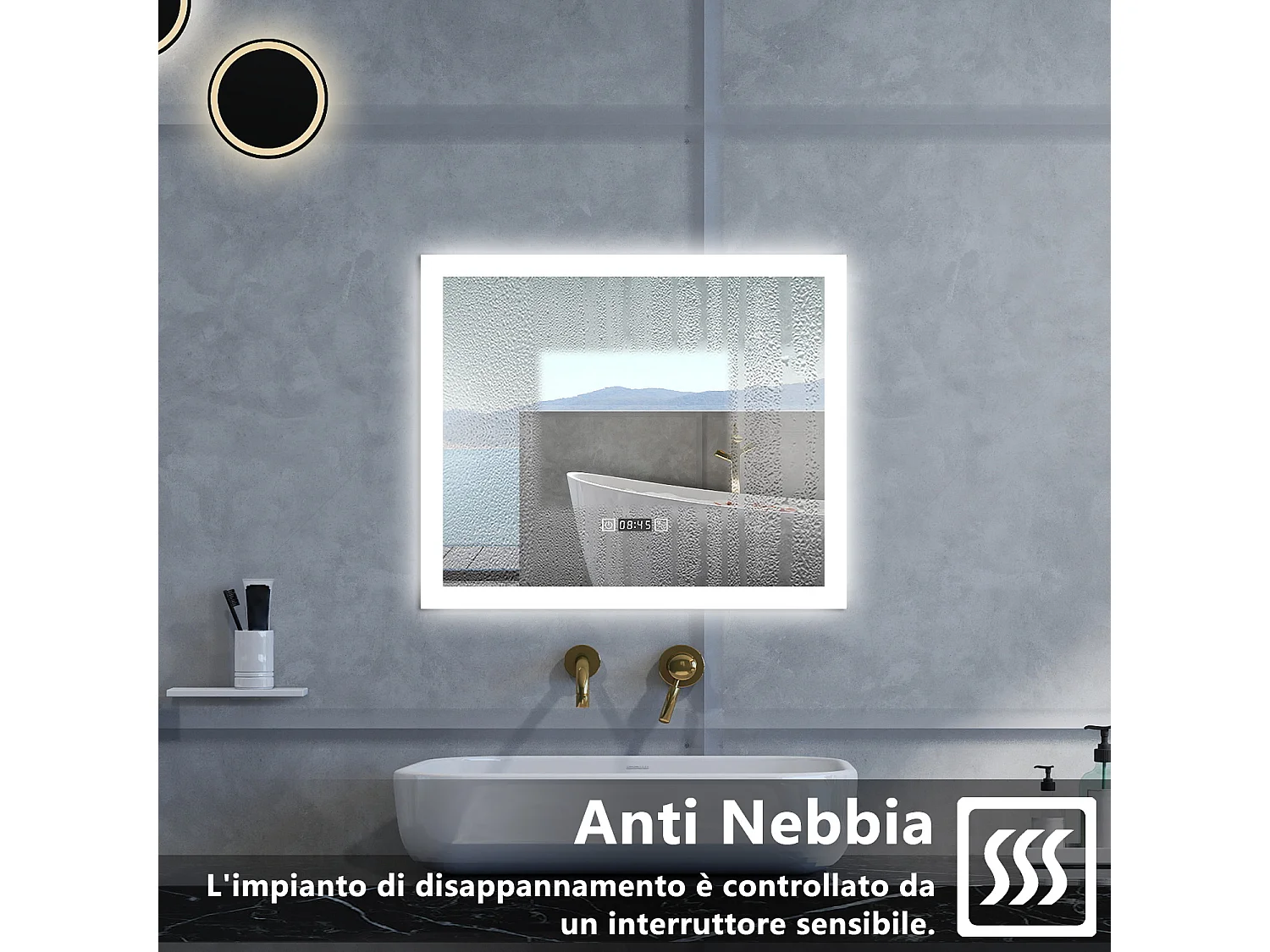 Specchio da bagno Rettangolare con 120x70cm,orologi,3 colori,Memoria, Antifog,Regorabile,Retroilluminato,doppio interruttore,