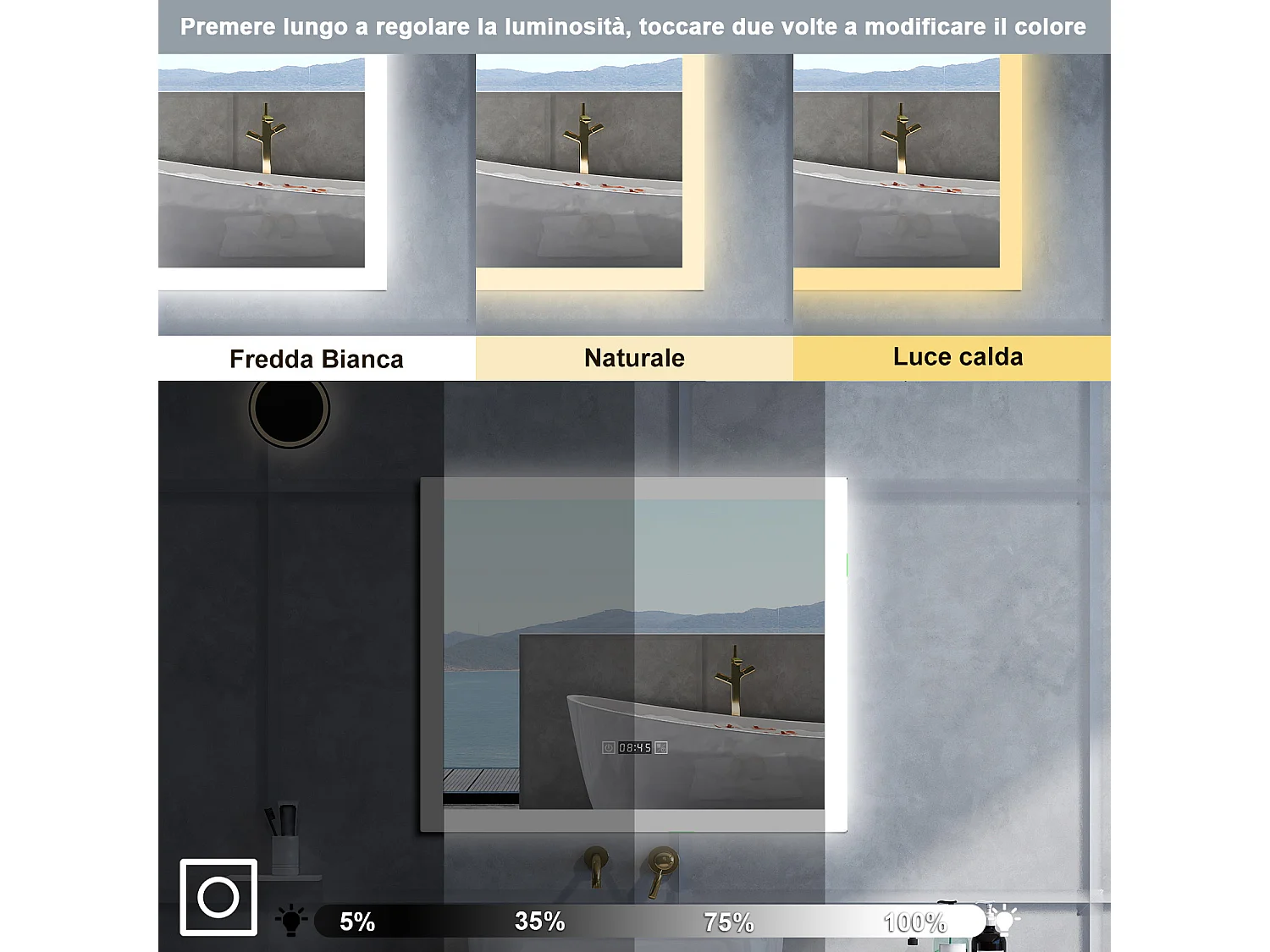 Specchio da bagno Rettangolare con 120x70cm,orologi,3 colori,Memoria, Antifog,Regorabile,Retroilluminato,doppio interruttore,