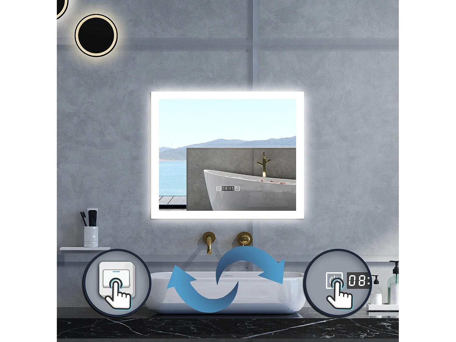 Specchio da bagno Rettangolare con 120x70cm,orologi,3 colori,Memoria, Antifog,Regorabile,Retroilluminato,doppio interruttore,