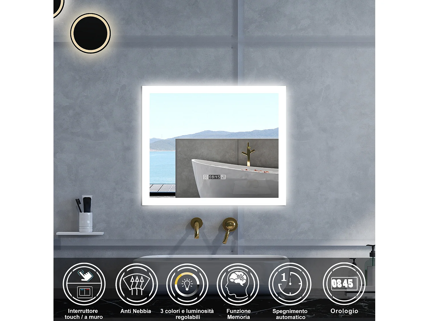 Specchio da bagno Rettangolare con 120x70cm,orologi,3 colori,Memoria, Antifog,Regorabile,Retroilluminato,doppio interruttore,