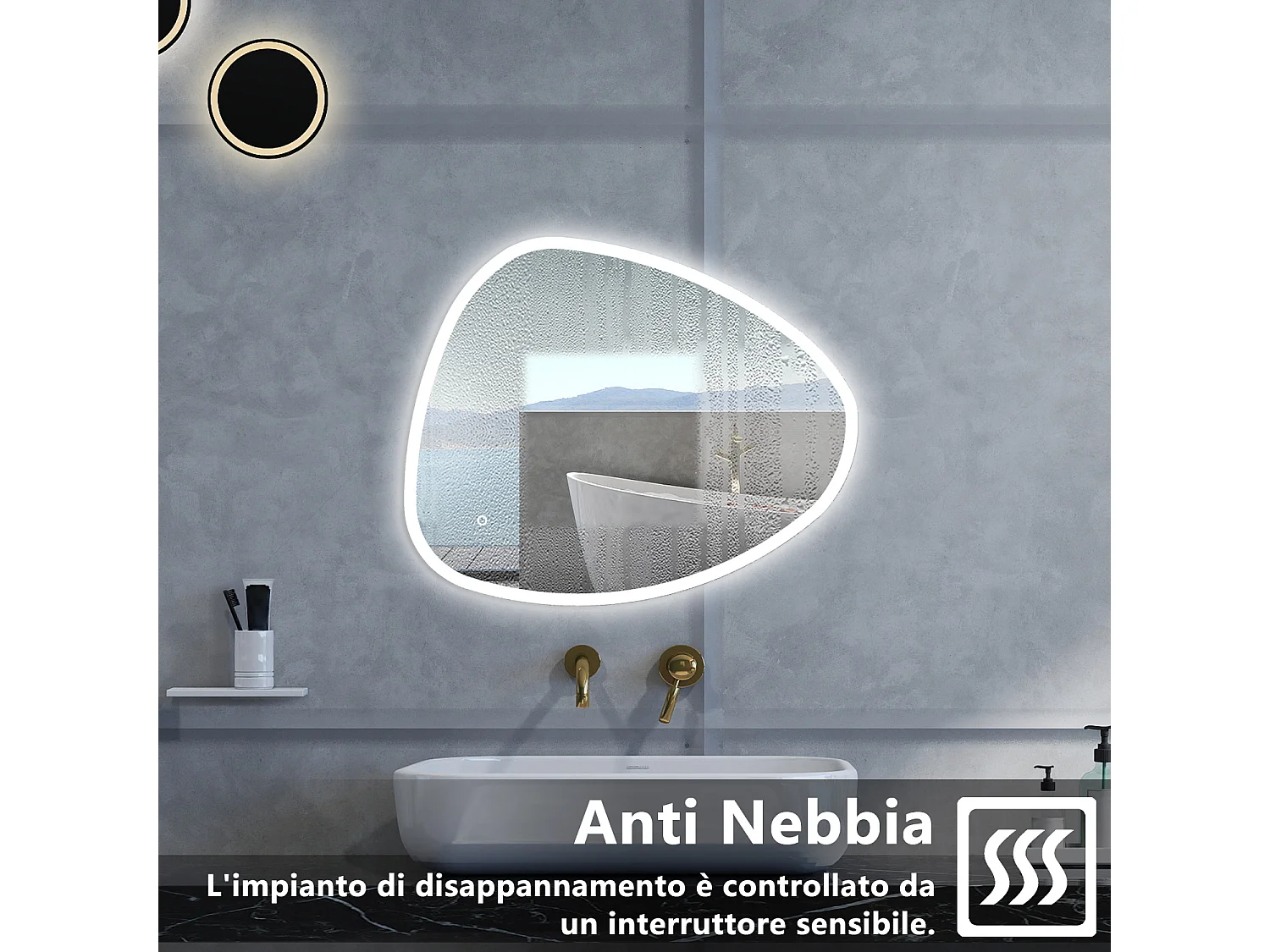 Specchio da bagno Asimmetrico con 80x650cm,3 colori,Memoria, Antifog,Regorabile,Retroilluminato,doppio interruttore,