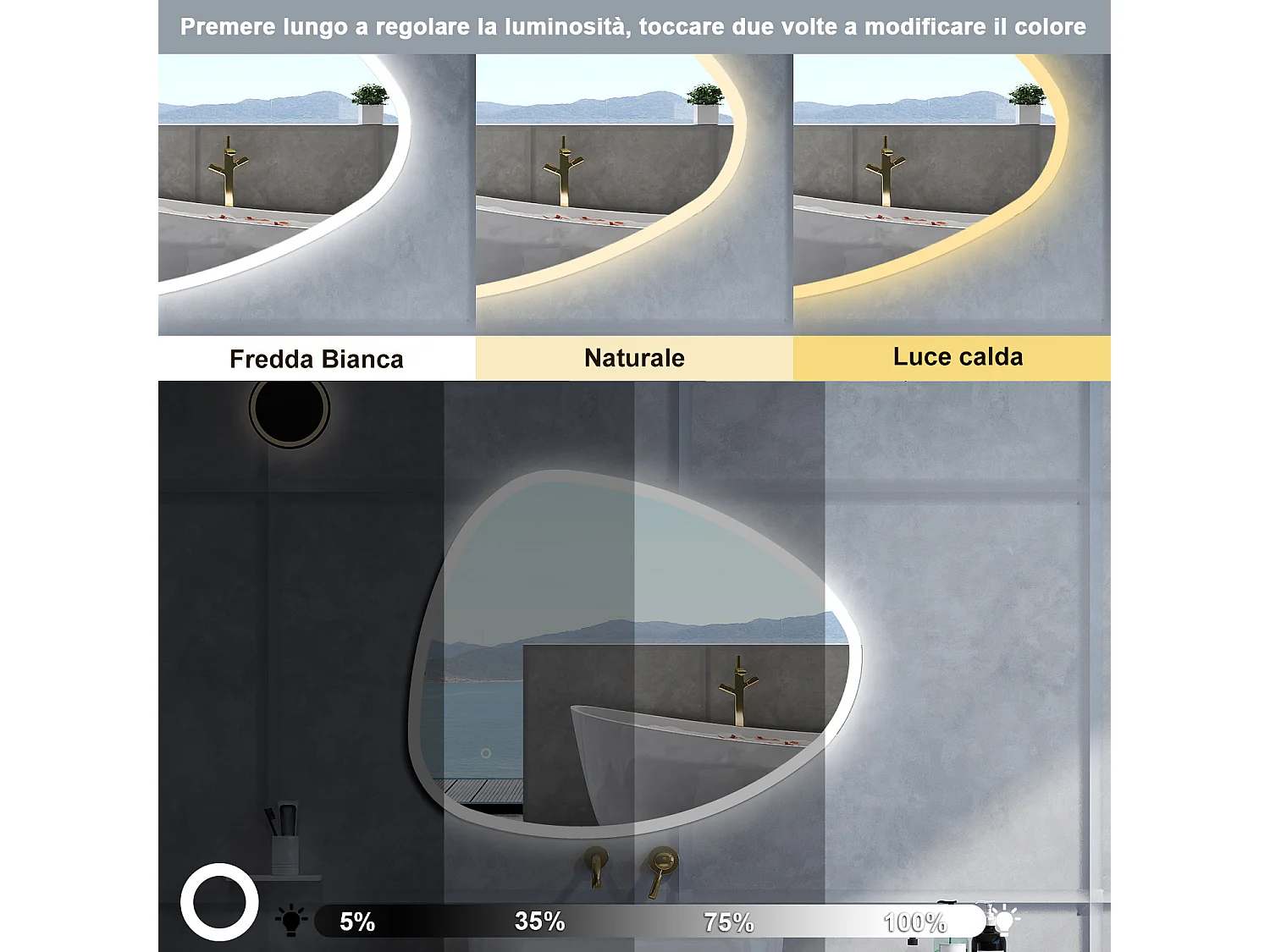 Specchio da bagno Asimmetrico con 80x650cm,3 colori,Memoria, Antifog,Regorabile,Retroilluminato,doppio interruttore,