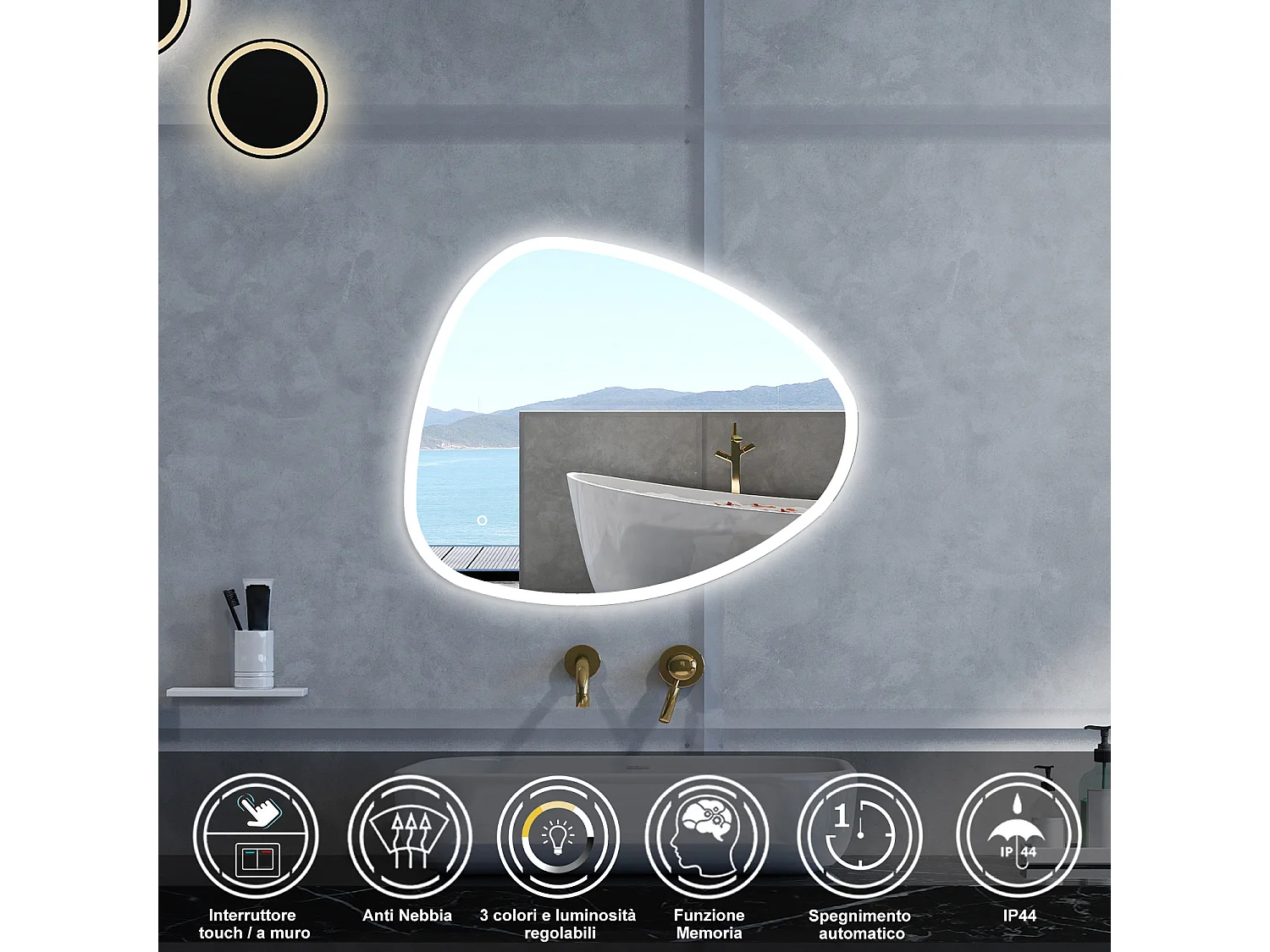 Specchio da bagno Asimmetrico con 80x650cm,3 colori,Memoria, Antifog,Regorabile,Retroilluminato,doppio interruttore,