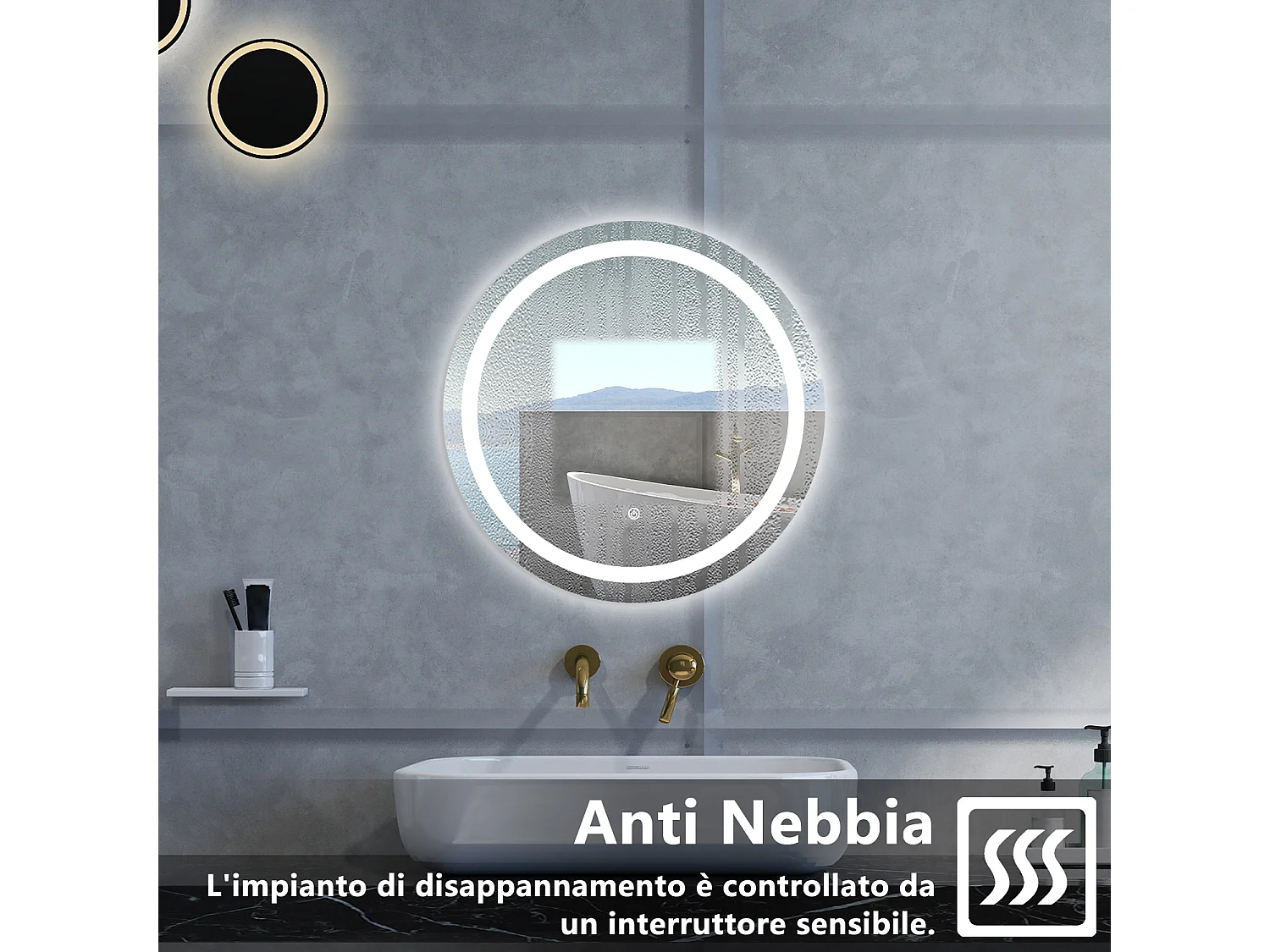 Specchio da bagno Rotondo con 60cm,Memoria, Antifog,Regorabile,Retroilluminato,doppio interruttore,