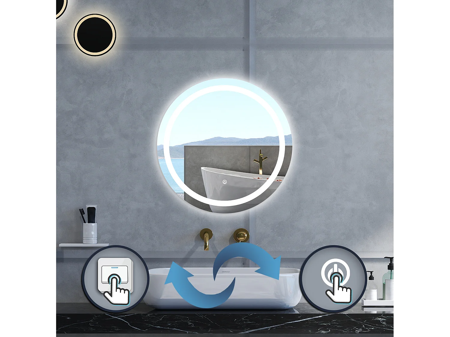 Specchio da bagno Rotondo con 60cm,Memoria, Antifog,Regorabile,Retroilluminato,doppio interruttore,