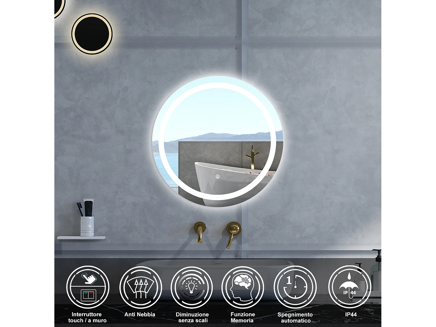 Specchio da bagno Rotondo con 60cm,Memoria, Antifog,Regorabile,Retroilluminato,doppio interruttore,