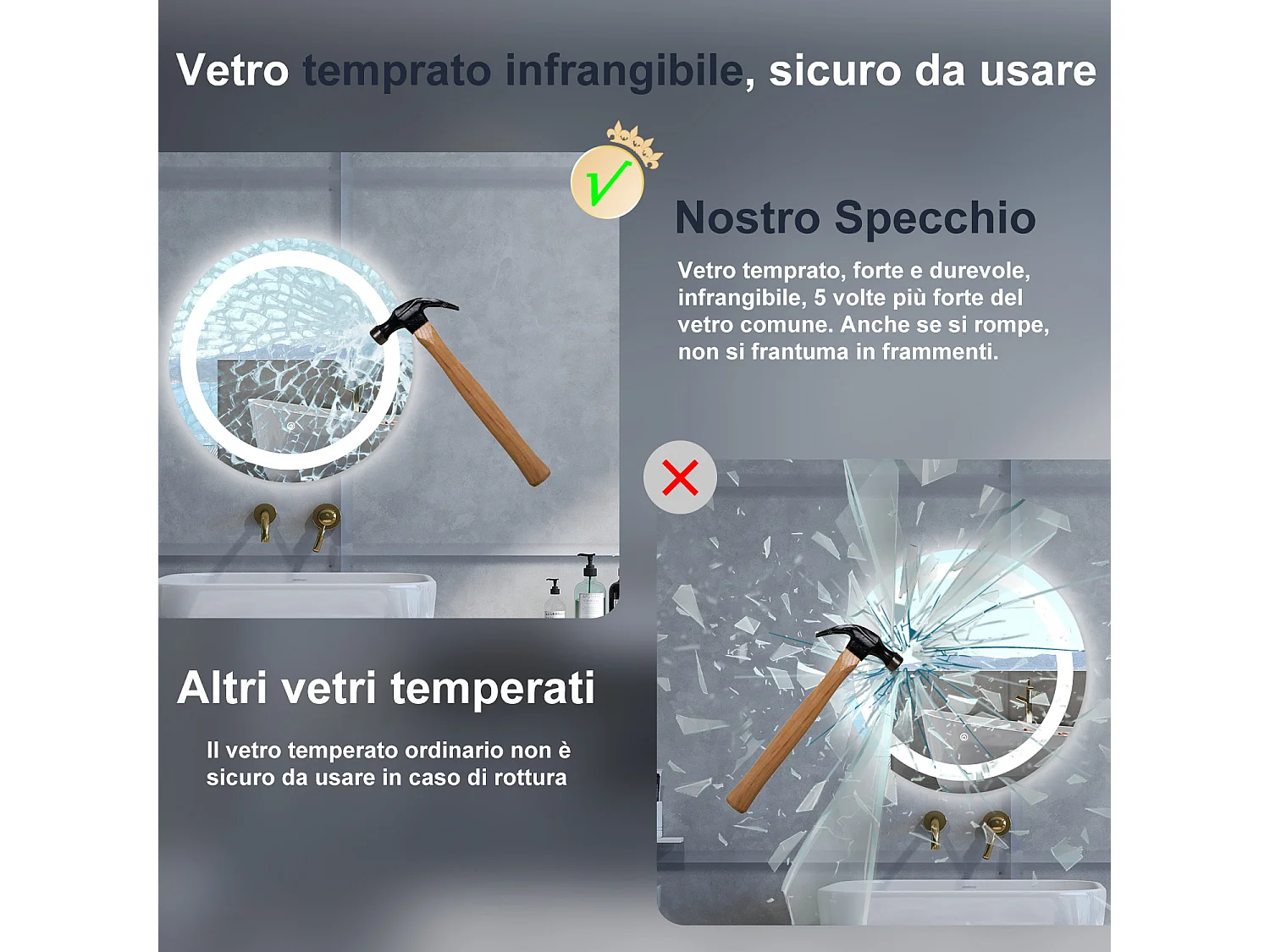 Specchio da bagno Rotondo con 60cm,Memoria, Antifog,Regorabile,Retroilluminato,doppio interruttore,