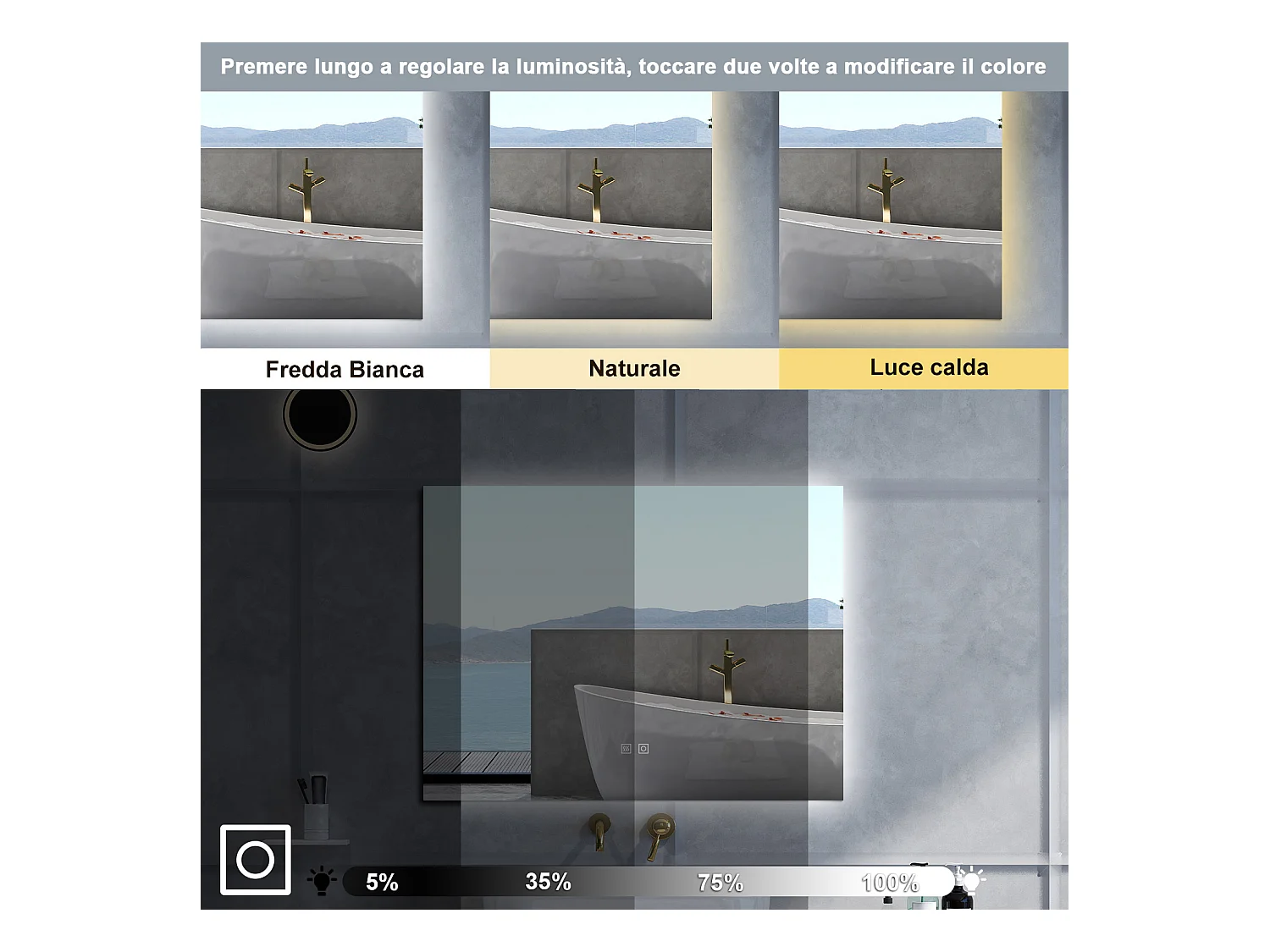 Specchio da bagno Rettangolare con 80x60cm,3 colori,Memoria, Antifog,Regorabile,Retroilluminato,doppio interruttore,