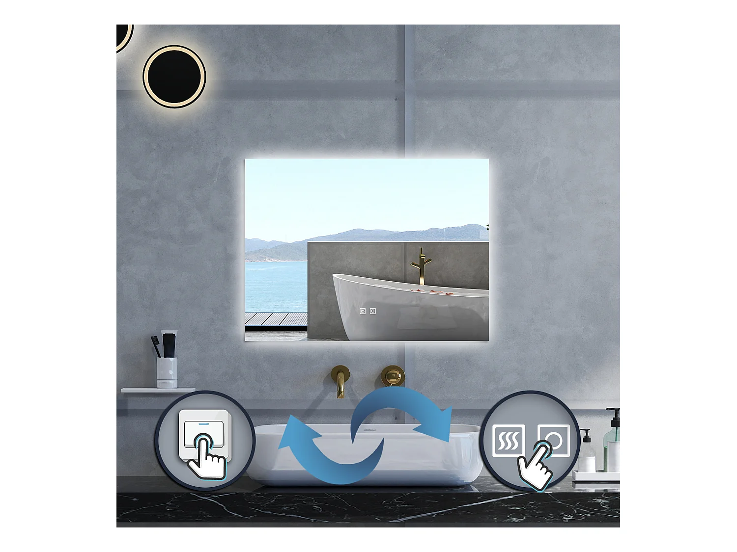 Specchio da bagno Rettangolare con 80x60cm,3 colori,Memoria, Antifog,Regorabile,Retroilluminato,doppio interruttore,