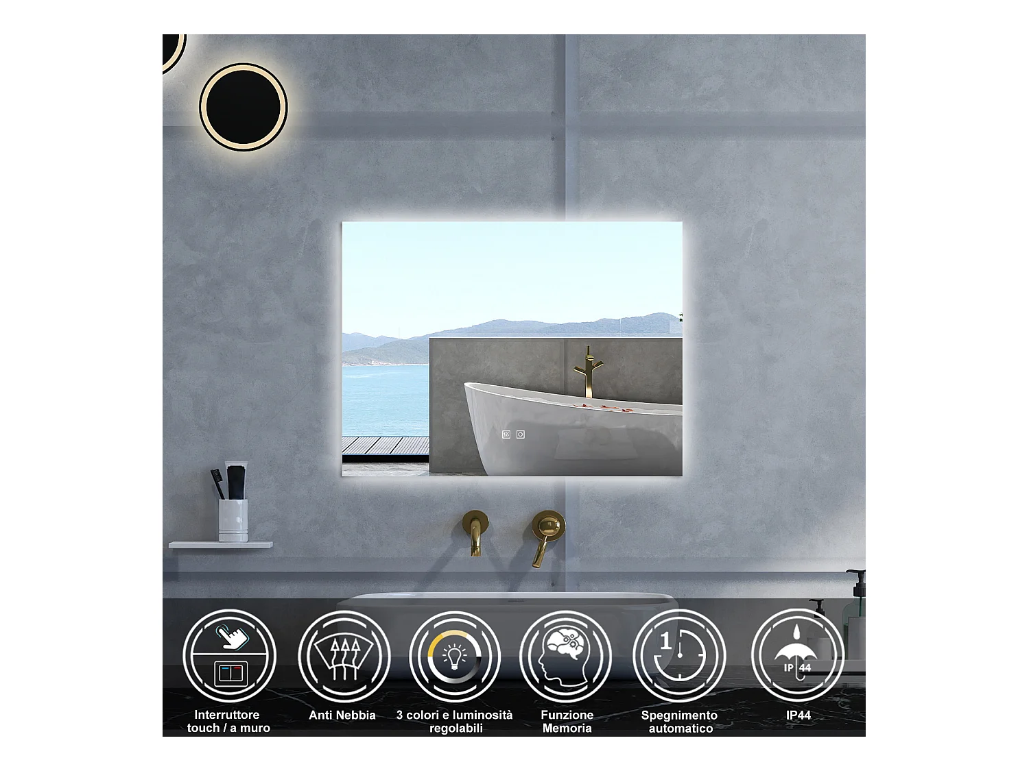 Specchio da bagno Rettangolare con 80x60cm,3 colori,Memoria, Antifog,Regorabile,Retroilluminato,doppio interruttore,