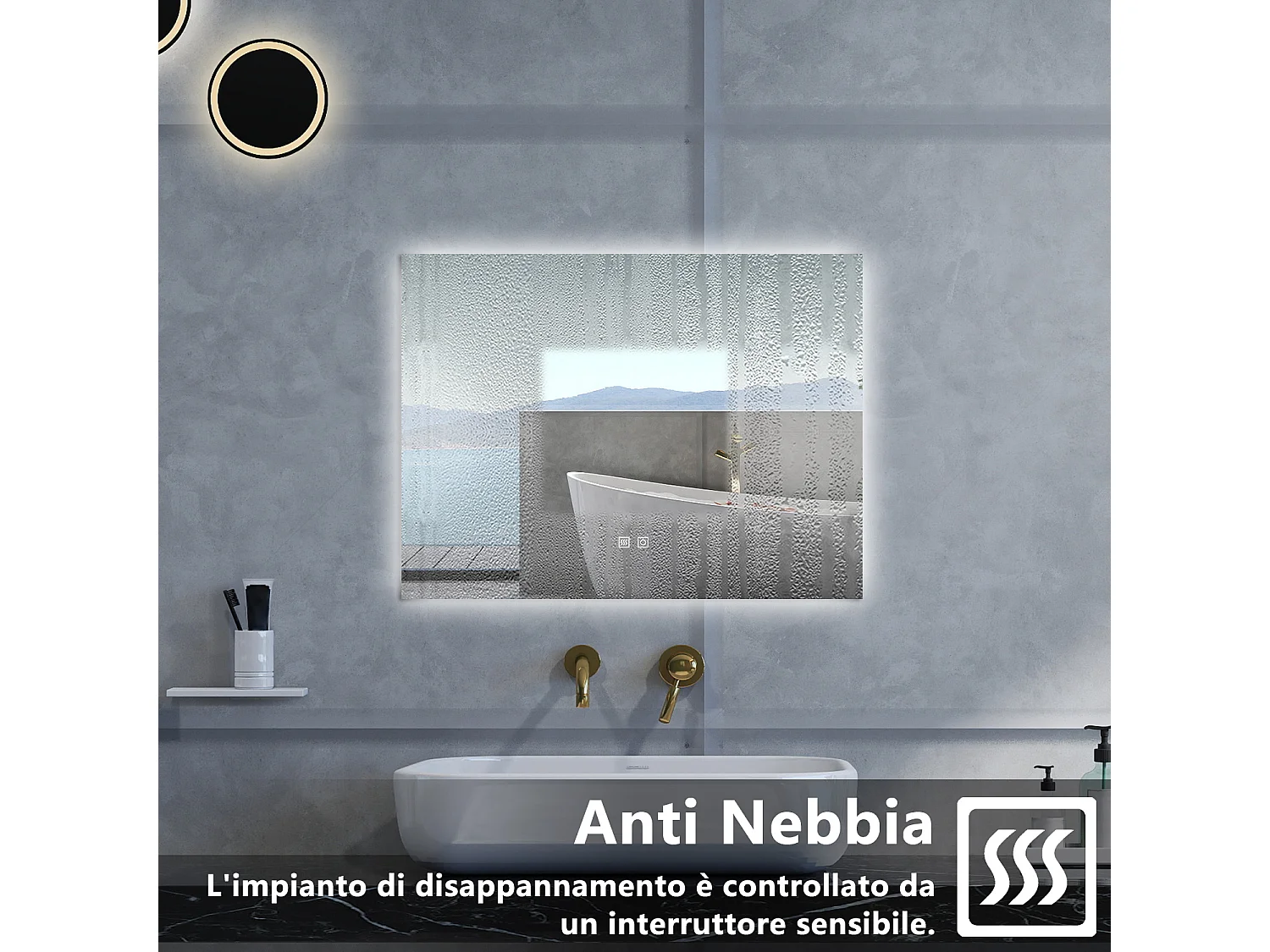 Specchio da bagno Rettangolare con 80x60cm,3 colori,Memoria, Antifog,Regorabile,Retroilluminato,doppio interruttore,
