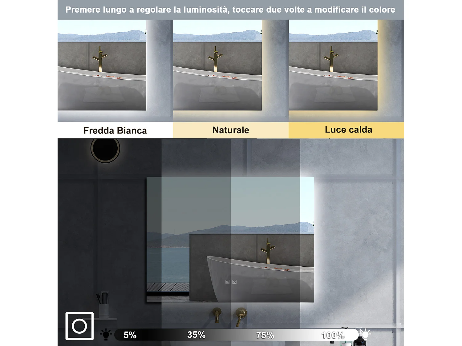 Specchio da bagno Rettangolare con 80x60cm,3 colori,Memoria, Antifog,Regorabile,Retroilluminato,doppio interruttore,