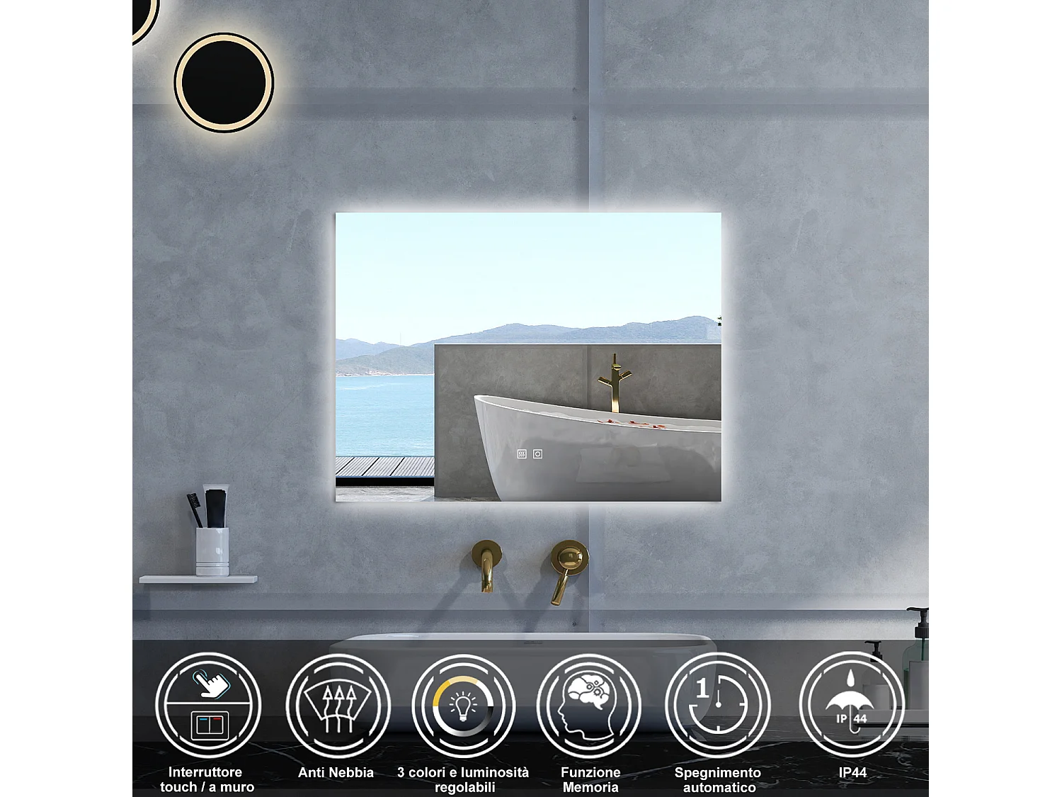 Specchio da bagno Rettangolare con 80x60cm,3 colori,Memoria, Antifog,Regorabile,Retroilluminato,doppio interruttore,