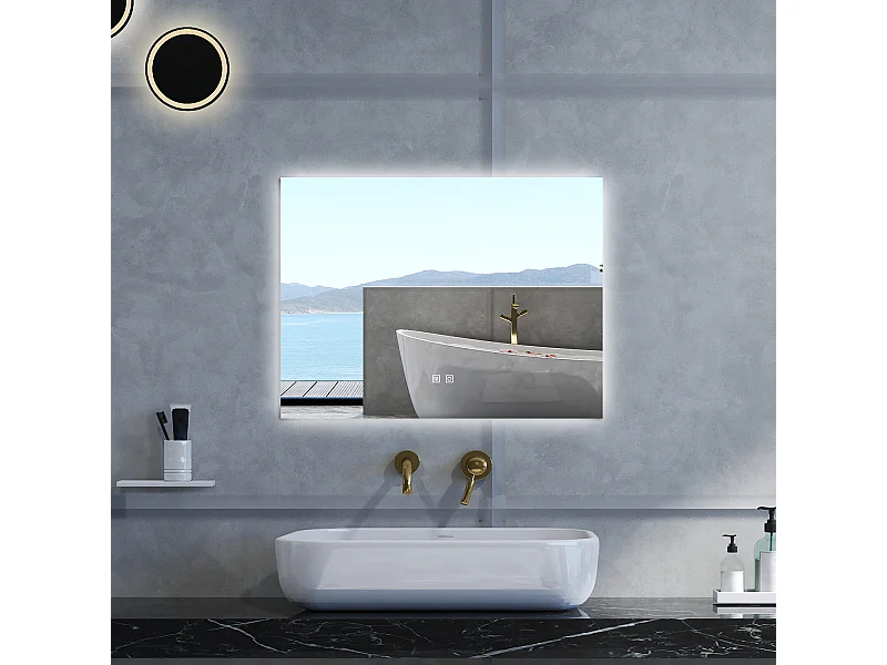 Specchio da bagno Rettangolare con 80x60cm,3 colori,Memoria, Antifog,Regorabile,Retroilluminato,doppio interruttore,