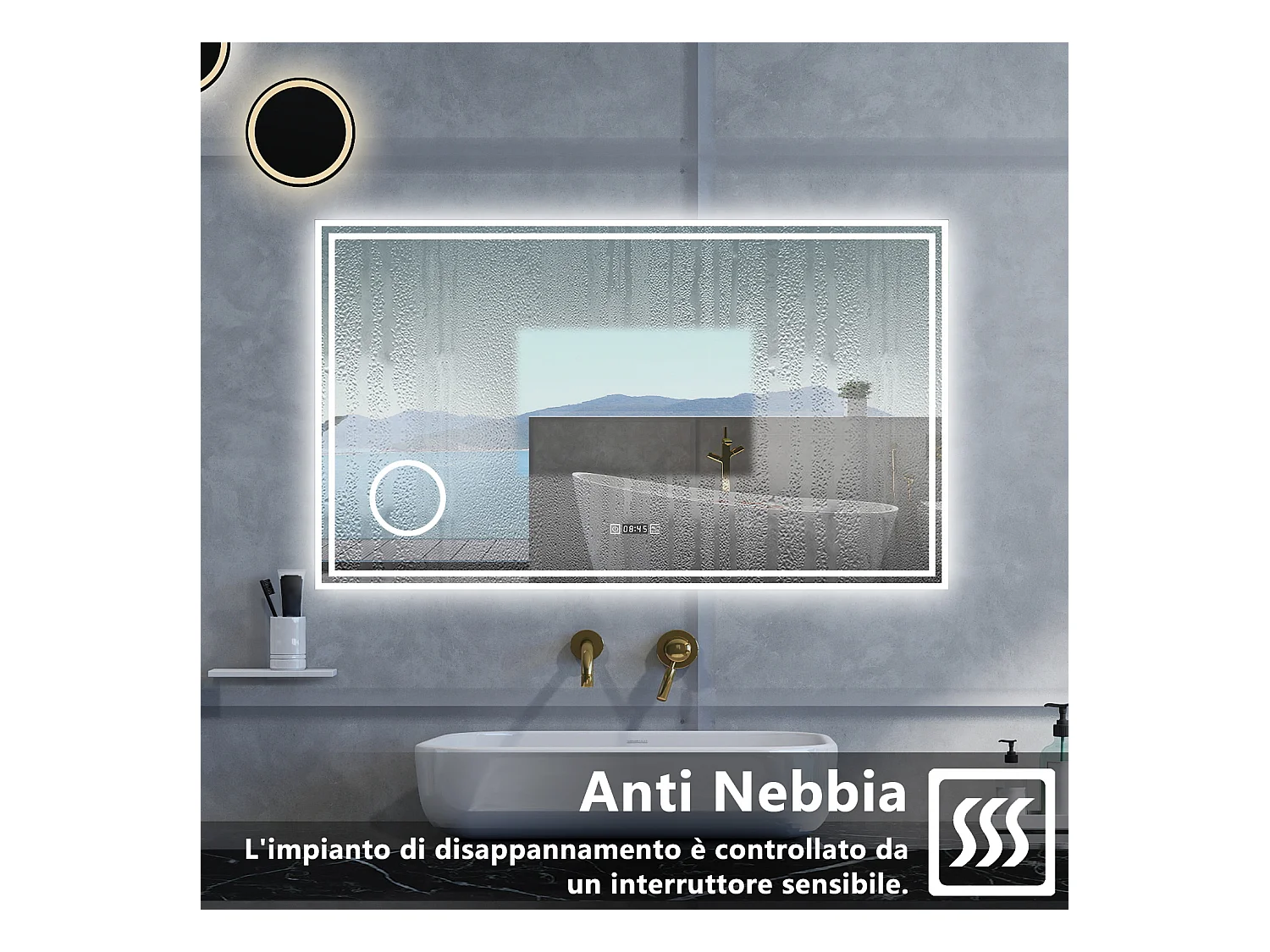 Specchio da bagno Rettangolare con 120x70cm,ingranditore 3x,orologi,3 colori,Memoria, Antifog,Regorabile,Retroilluminato,doppio interruttore,