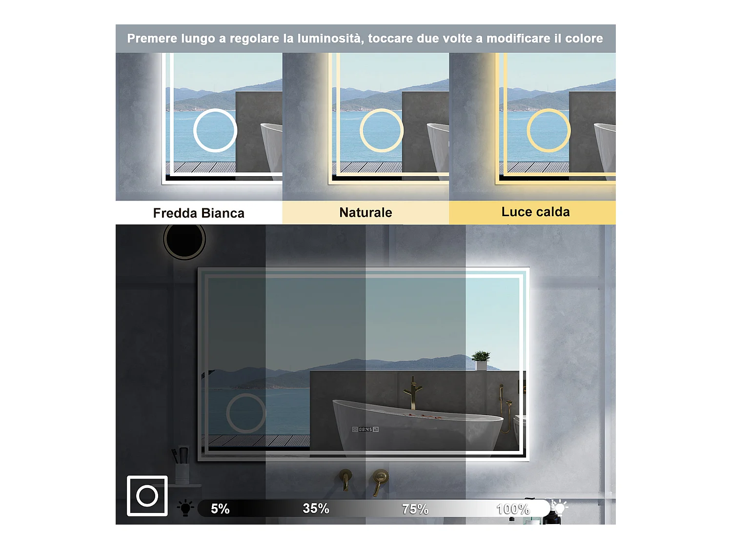 Specchio da bagno Rettangolare con 120x70cm,ingranditore 3x,orologi,3 colori,Memoria, Antifog,Regorabile,Retroilluminato,doppio interruttore,