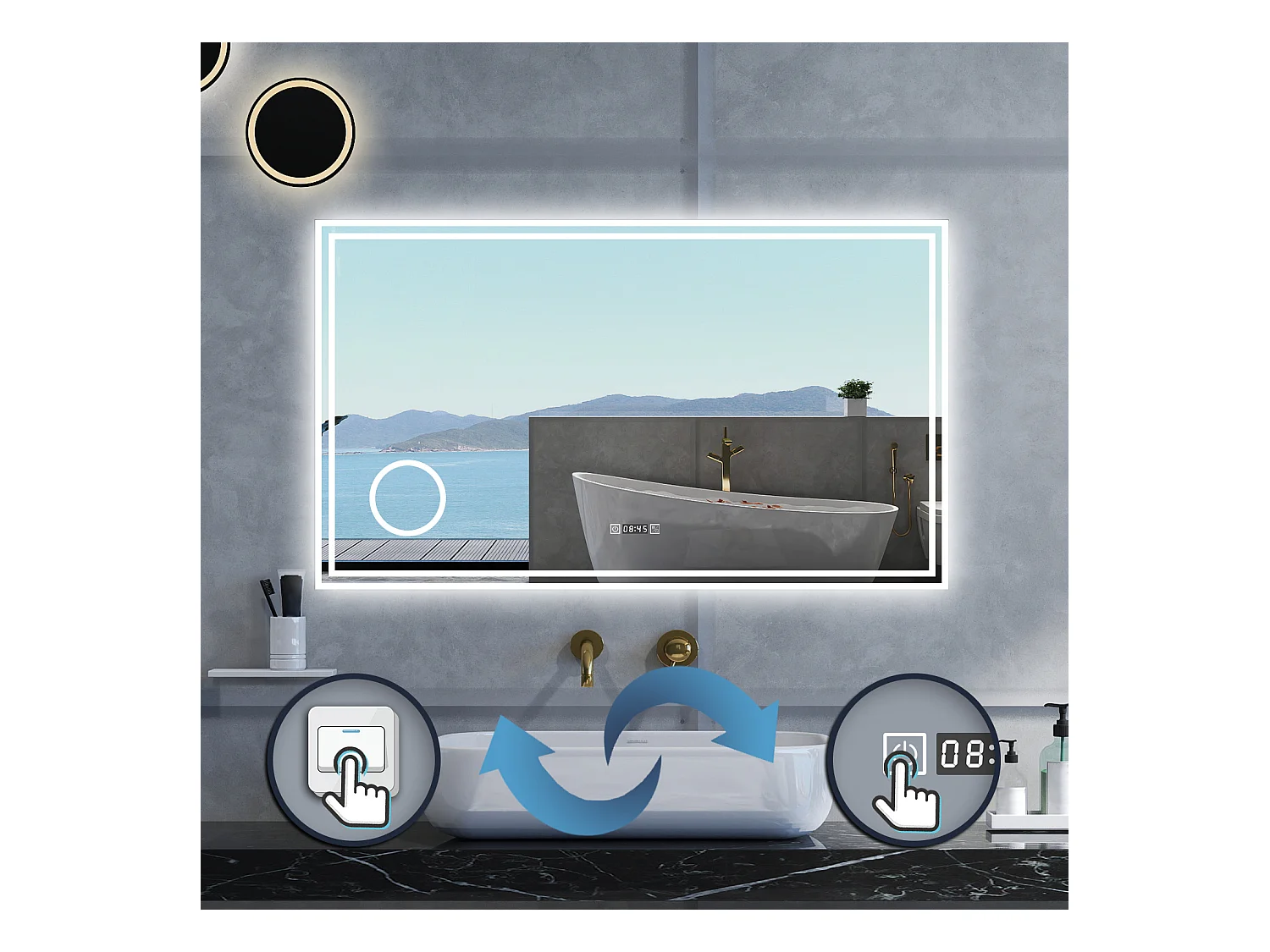 Specchio da bagno Rettangolare con 120x70cm,ingranditore 3x,orologi,3 colori,Memoria, Antifog,Regorabile,Retroilluminato,doppio interruttore,