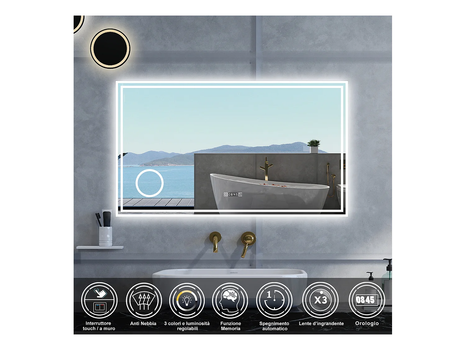Specchio da bagno Rettangolare con 120x70cm,ingranditore 3x,orologi,3 colori,Memoria, Antifog,Regorabile,Retroilluminato,doppio interruttore,