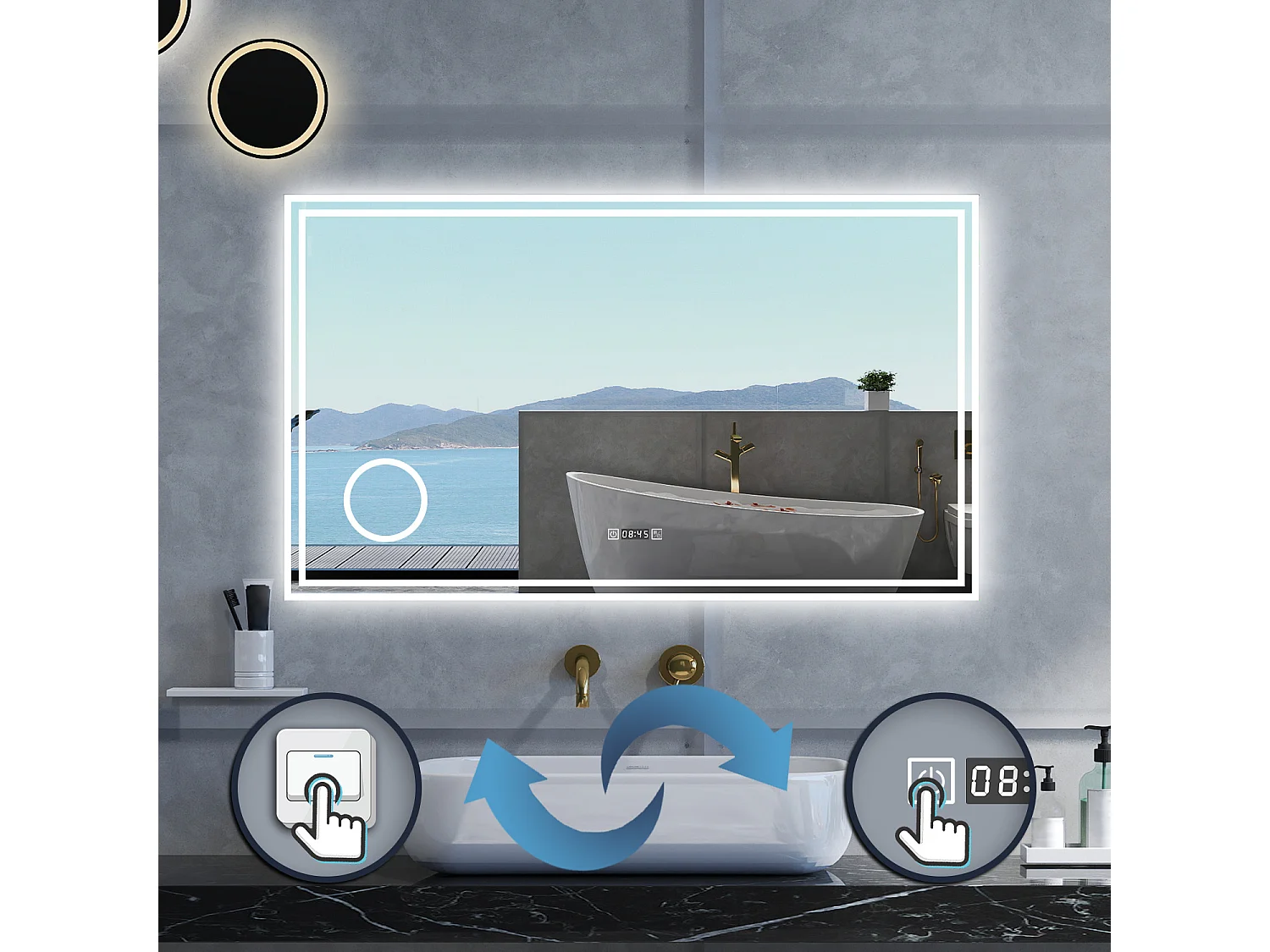 Specchio da bagno Rettangolare con 120x70cm,ingranditore 3x,orologi,3 colori,Memoria, Antifog,Regorabile,Retroilluminato,doppio interruttore,