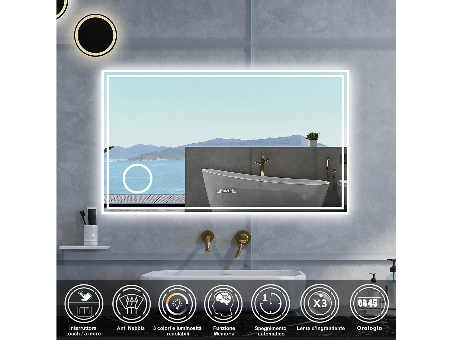 Specchio da bagno Rettangolare con 120x70cm,ingranditore 3x,orologi,3 colori,Memoria, Antifog,Regorabile,Retroilluminato,doppio interruttore,
