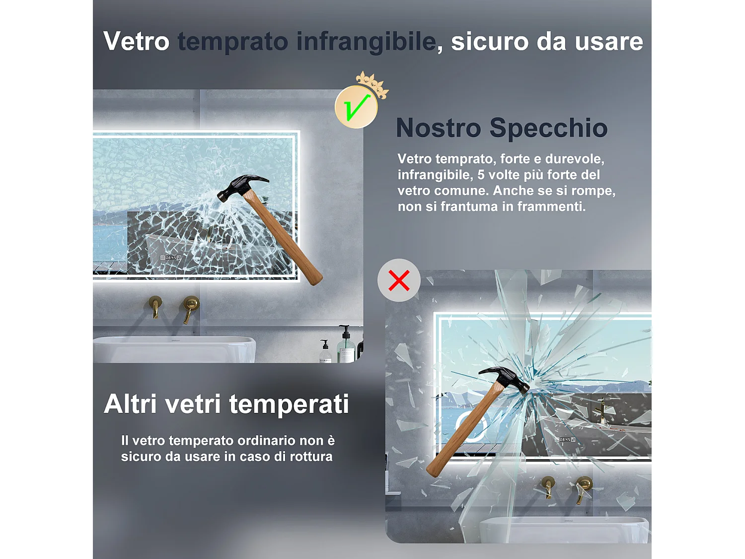 Specchio da bagno Rettangolare con 120x70cm,ingranditore 3x,orologi,3 colori,Memoria, Antifog,Regorabile,Retroilluminato,doppio interruttore,