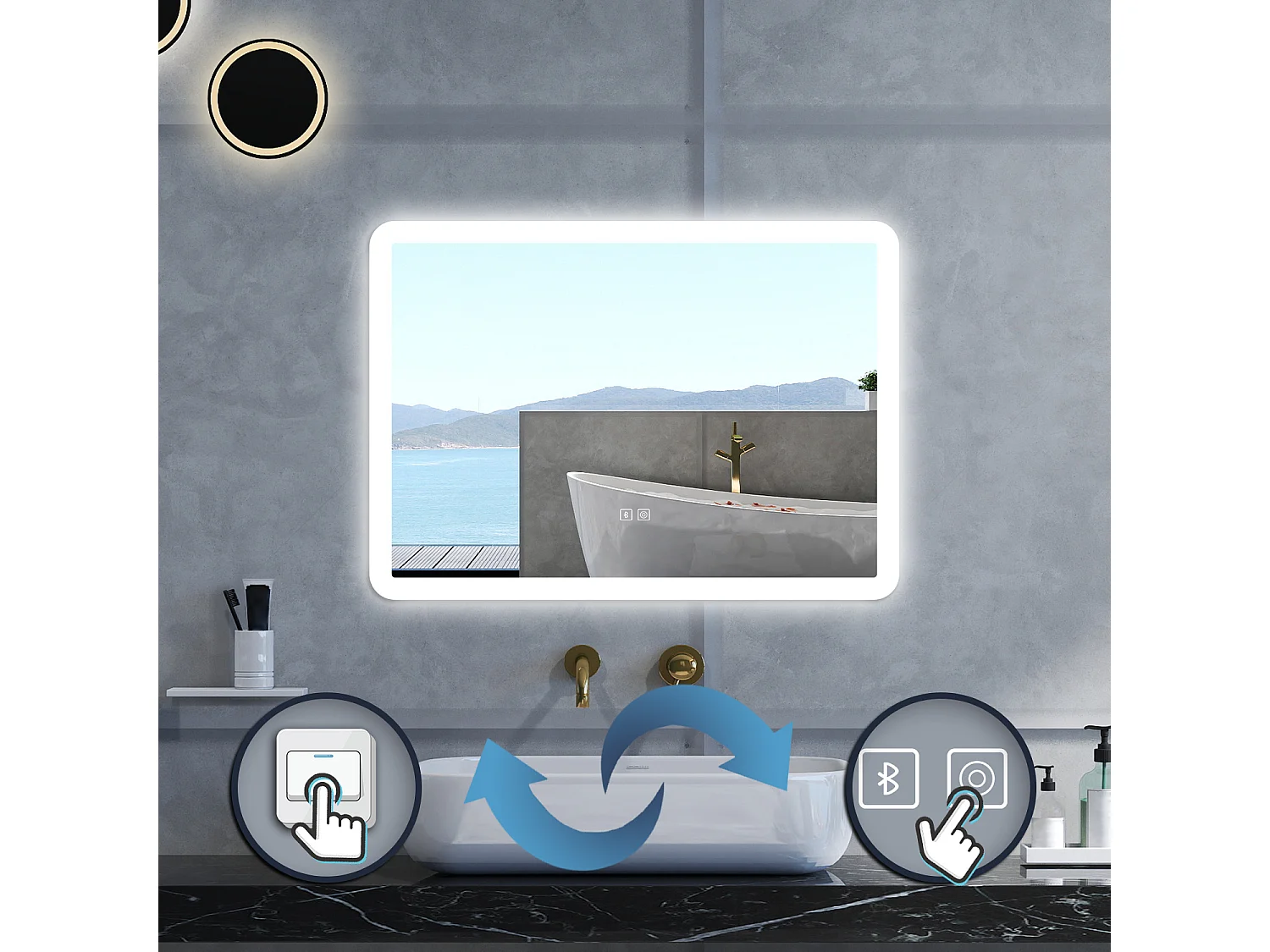 Specchio da bagno Rettangolare con 70x50cm,Blue tooth,3 colori,Memoria, Antifog,Regorabile,Retroilluminato,doppio interruttore,