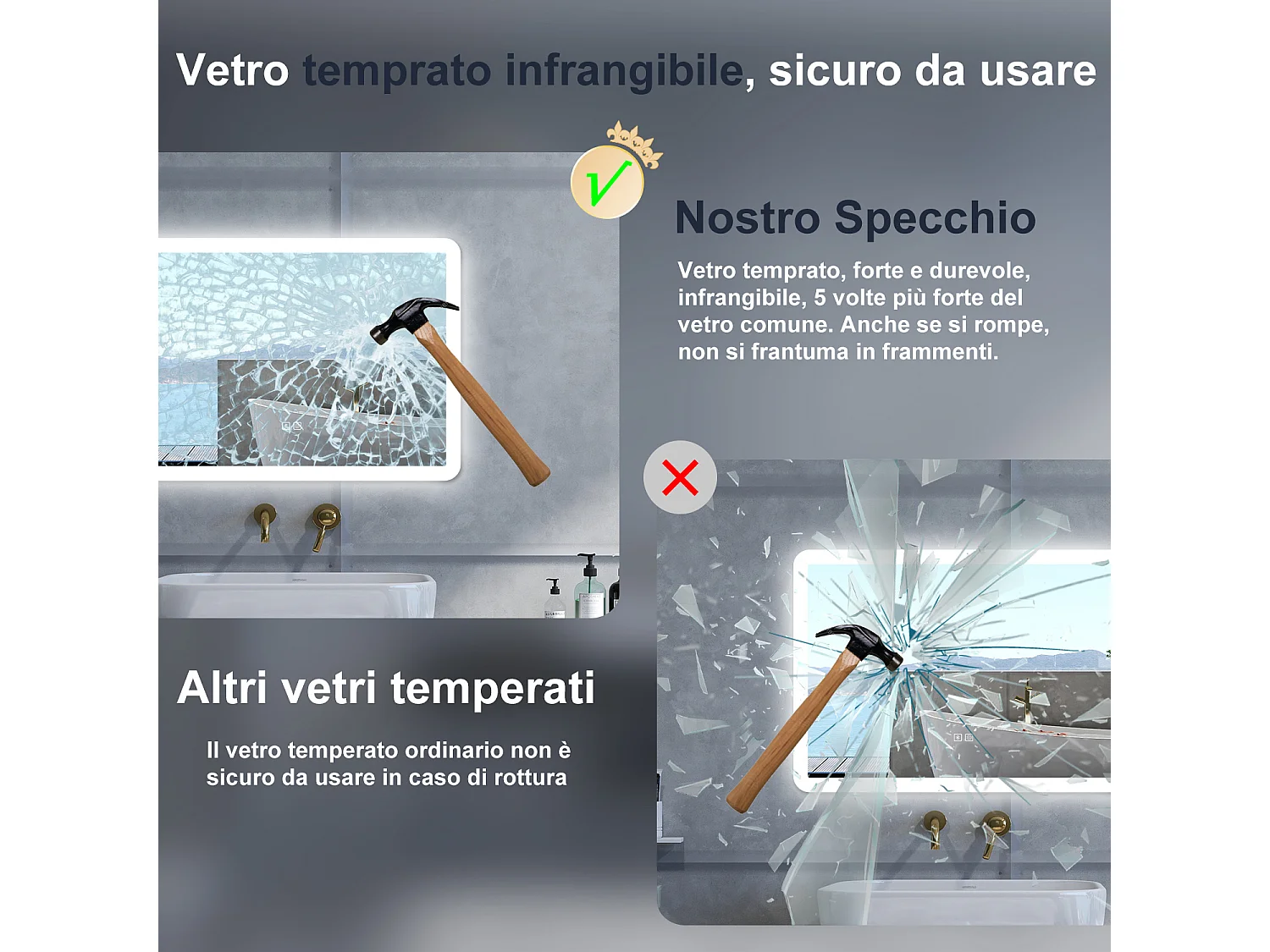 Specchio da bagno Rettangolare con 70x50cm,Blue tooth,3 colori,Memoria, Antifog,Regorabile,Retroilluminato,doppio interruttore,