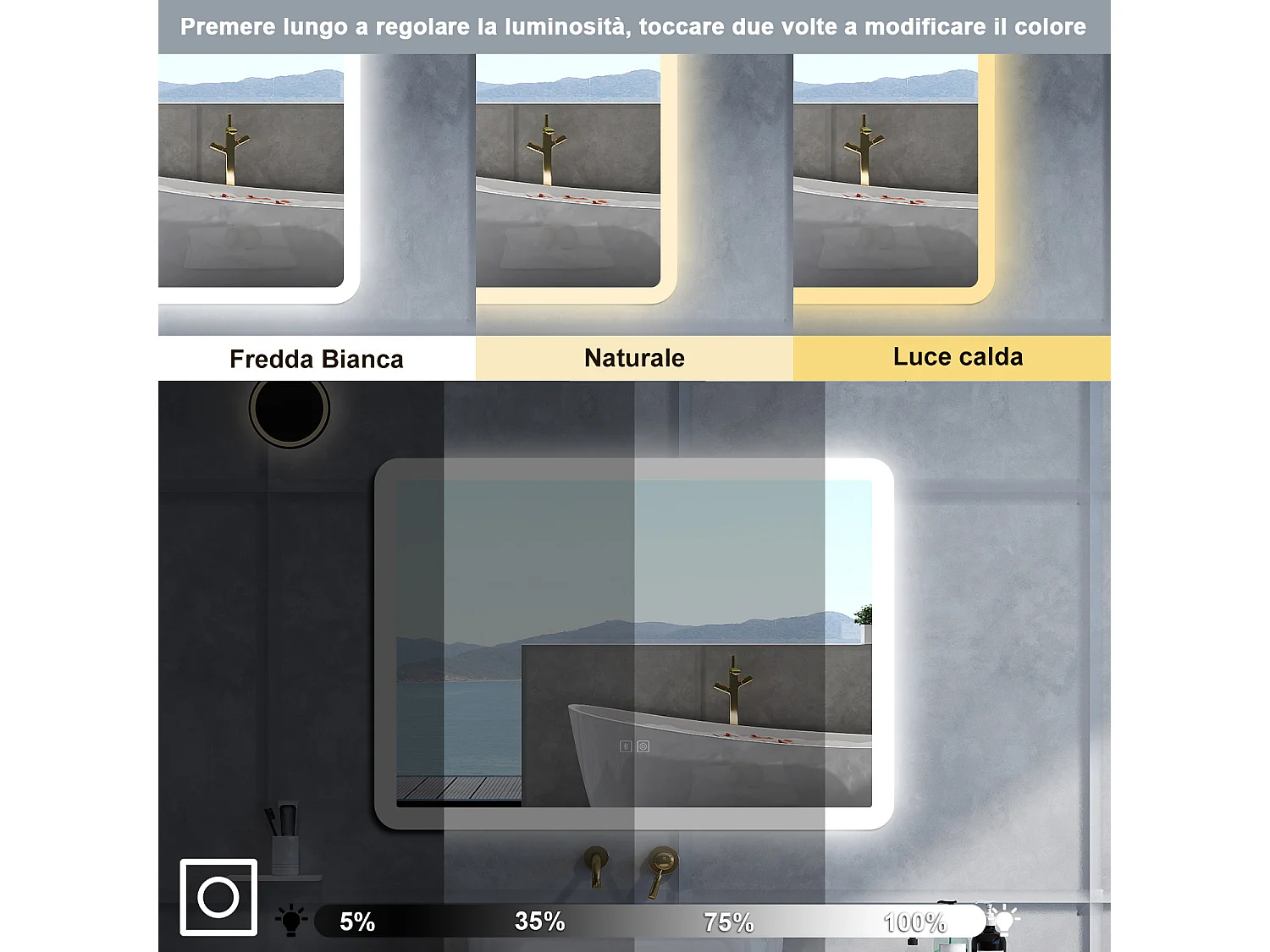 Specchio da bagno Rettangolare con 70x50cm,Blue tooth,3 colori,Memoria, Antifog,Regorabile,Retroilluminato,doppio interruttore,