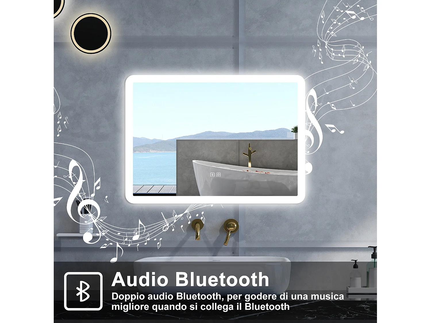 Specchio da bagno Rettangolare con 70x50cm,Blue tooth,3 colori,Memoria, Antifog,Regorabile,Retroilluminato,doppio interruttore,