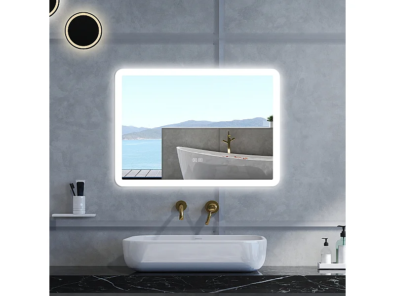 Specchio da bagno Rettangolare con 70x50cm,Blue tooth,3 colori,Memoria, Antifog,Regorabile,Retroilluminato,doppio interruttore,