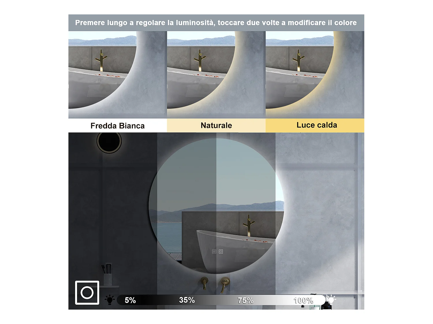 Specchio da bagno Rotondo con 100cm,3 colori,Memoria, Antifog,Regorabile,Retroilluminato,doppio interruttore,