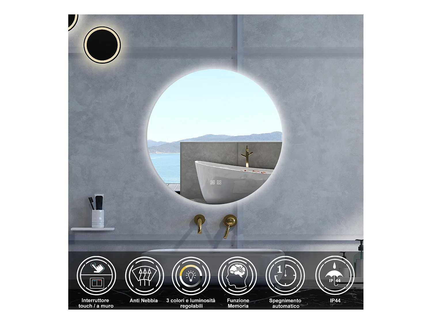 Specchio da bagno Rotondo con 100cm,3 colori,Memoria, Antifog,Regorabile,Retroilluminato,doppio interruttore,