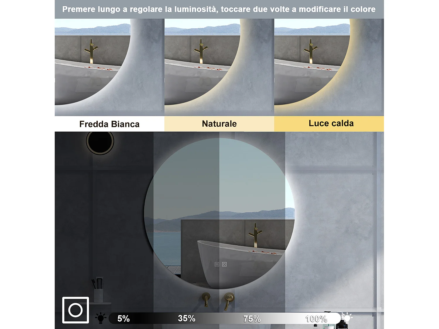Specchio da bagno Rotondo con 100cm,3 colori,Memoria, Antifog,Regorabile,Retroilluminato,doppio interruttore,
