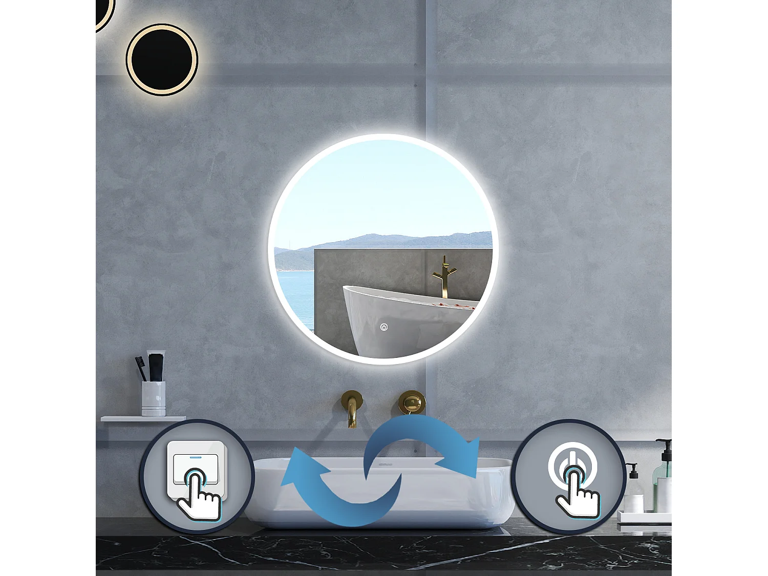 Specchio da bagno Rotondo con 90cm,Memoria, Antifog,Regorabile,Retroilluminato,doppio interruttore,