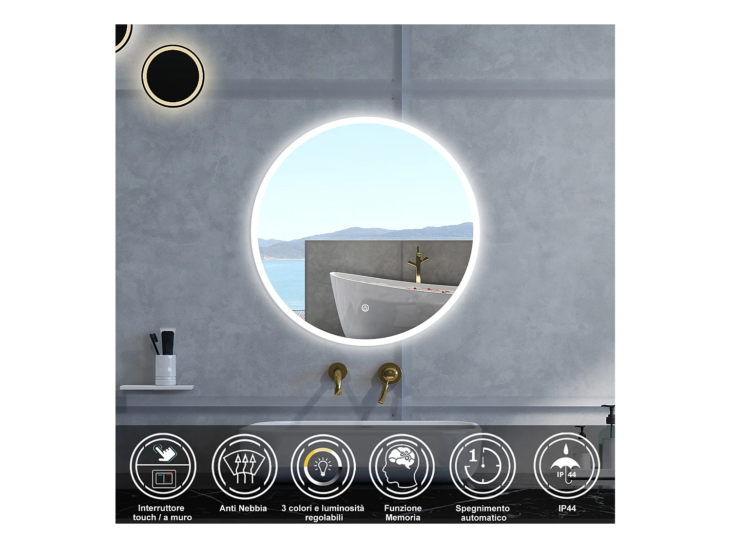 Specchio da bagno Rotondo con 100cm,3 colori,Memoria, Antifog,Regorabile,Retroilluminato,doppio interruttore,