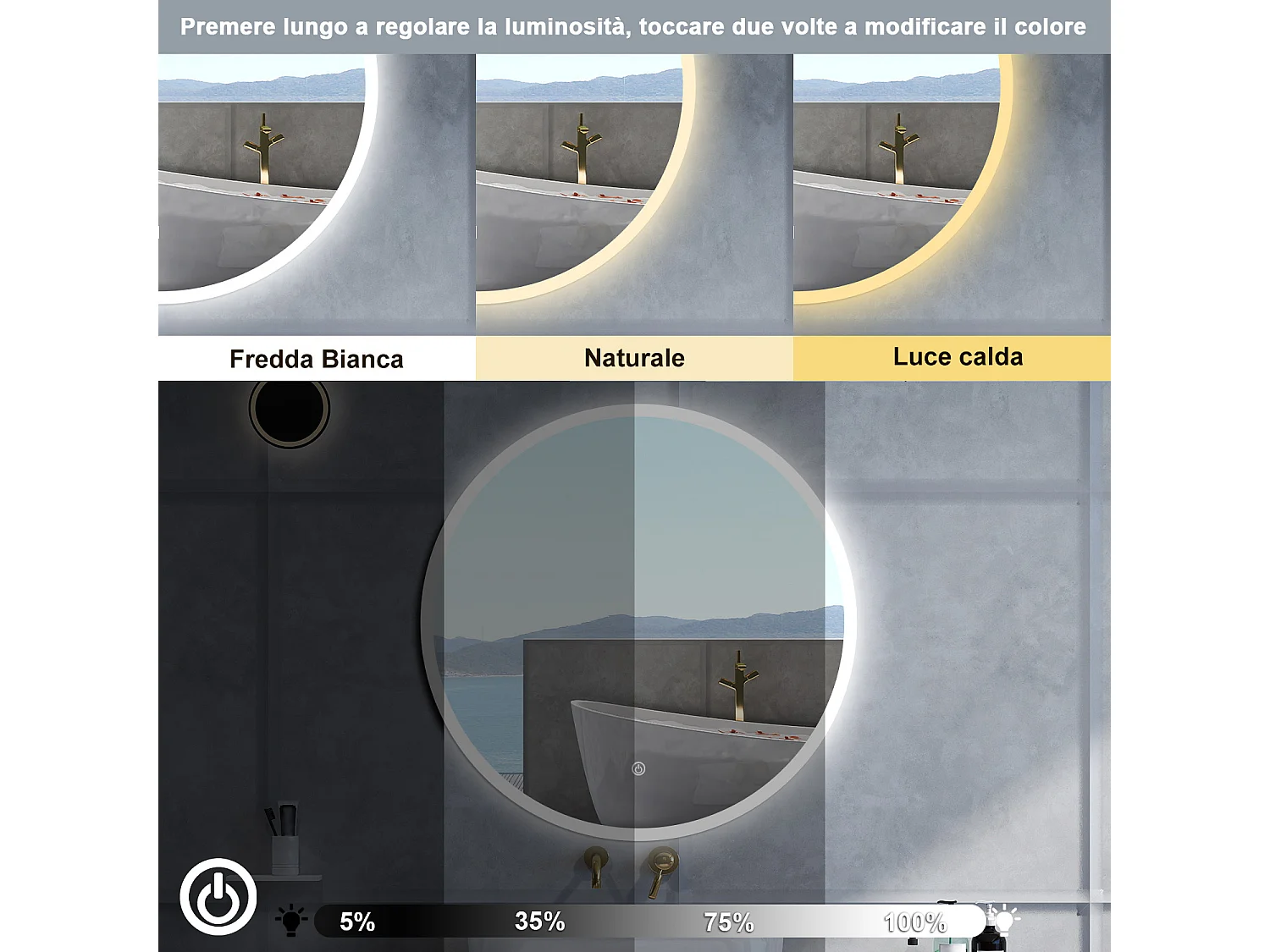 Specchio da bagno Rotondo con 100cm,3 colori,Memoria, Antifog,Regorabile,Retroilluminato,doppio interruttore,