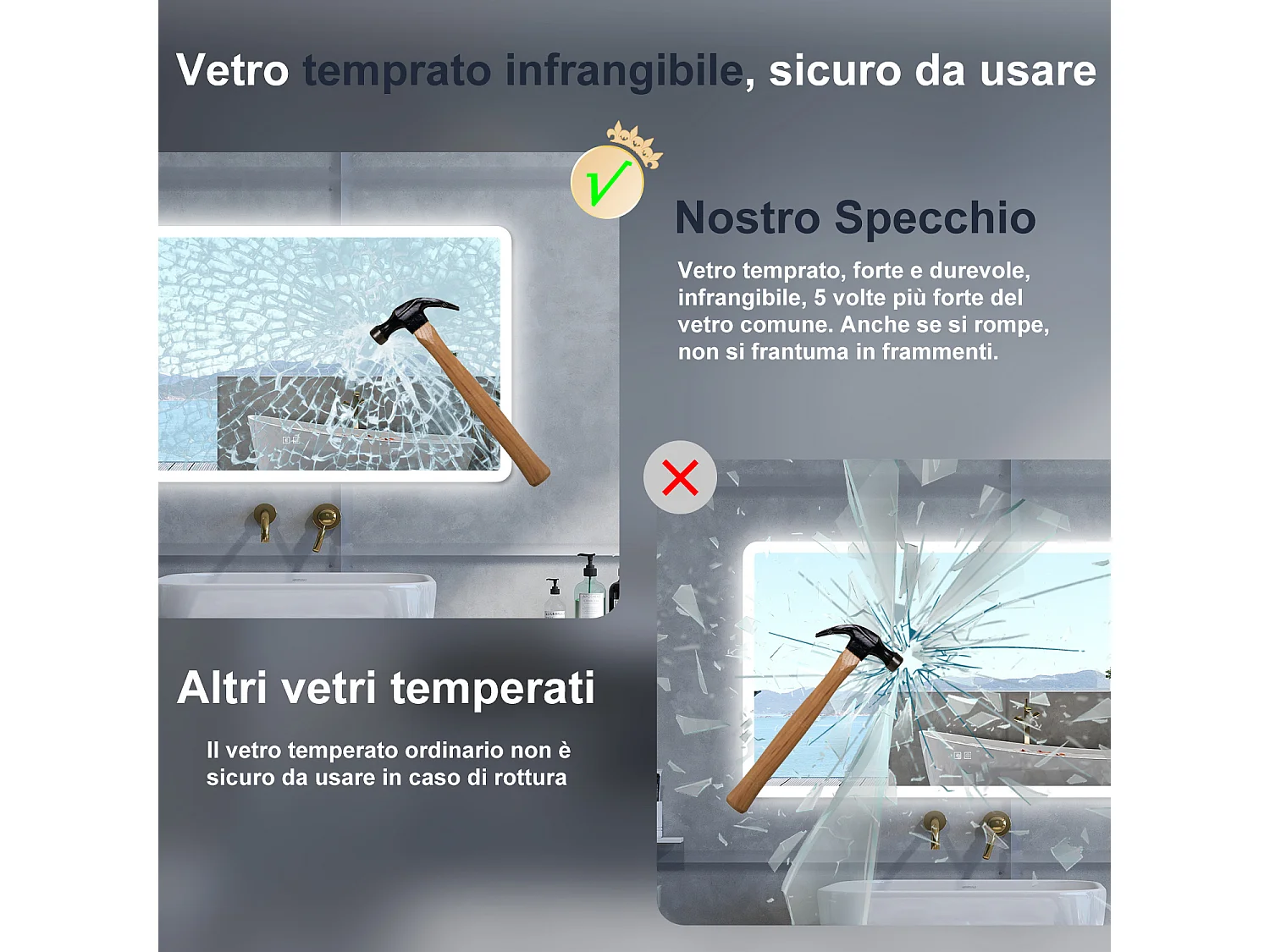 Specchio da bagno Rettangolare con 100x60cm,Blue tooth,3 colori,Memoria, Antifog,Regorabile,Retroilluminato,doppio interruttore,