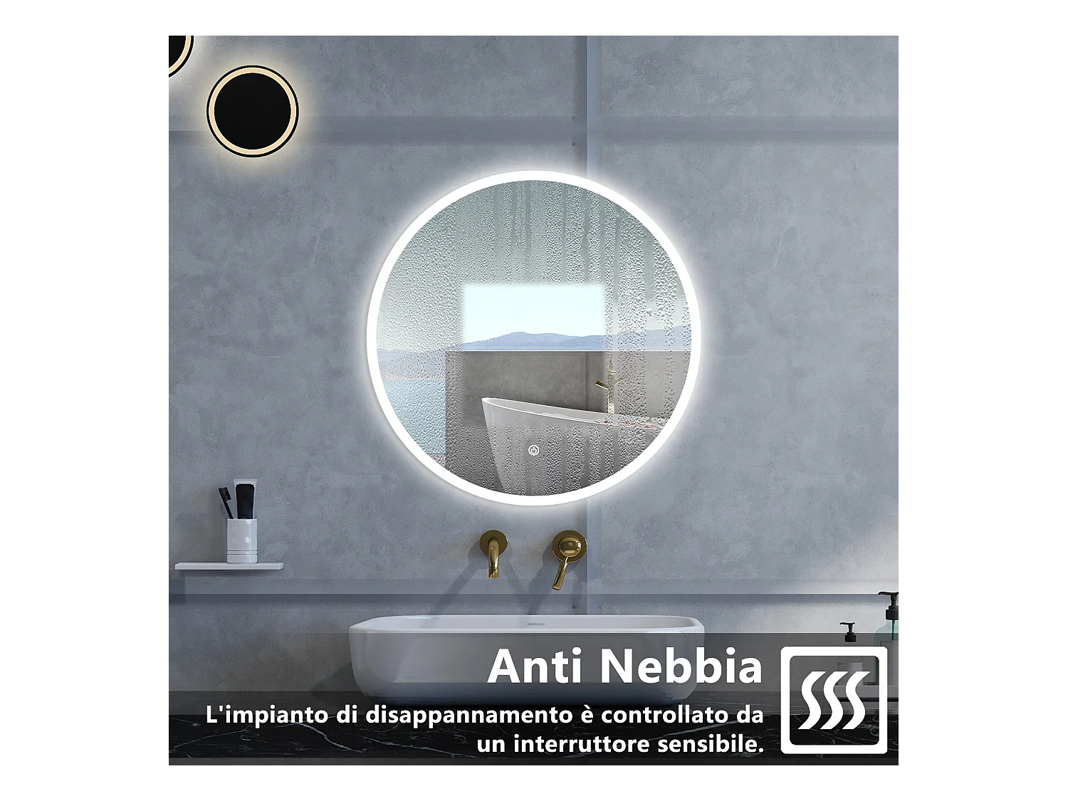 Specchio da bagno Rotondo con 70cm,3 colori,Memoria, Antifog,Regorabile,Retroilluminato,doppio interruttore,
