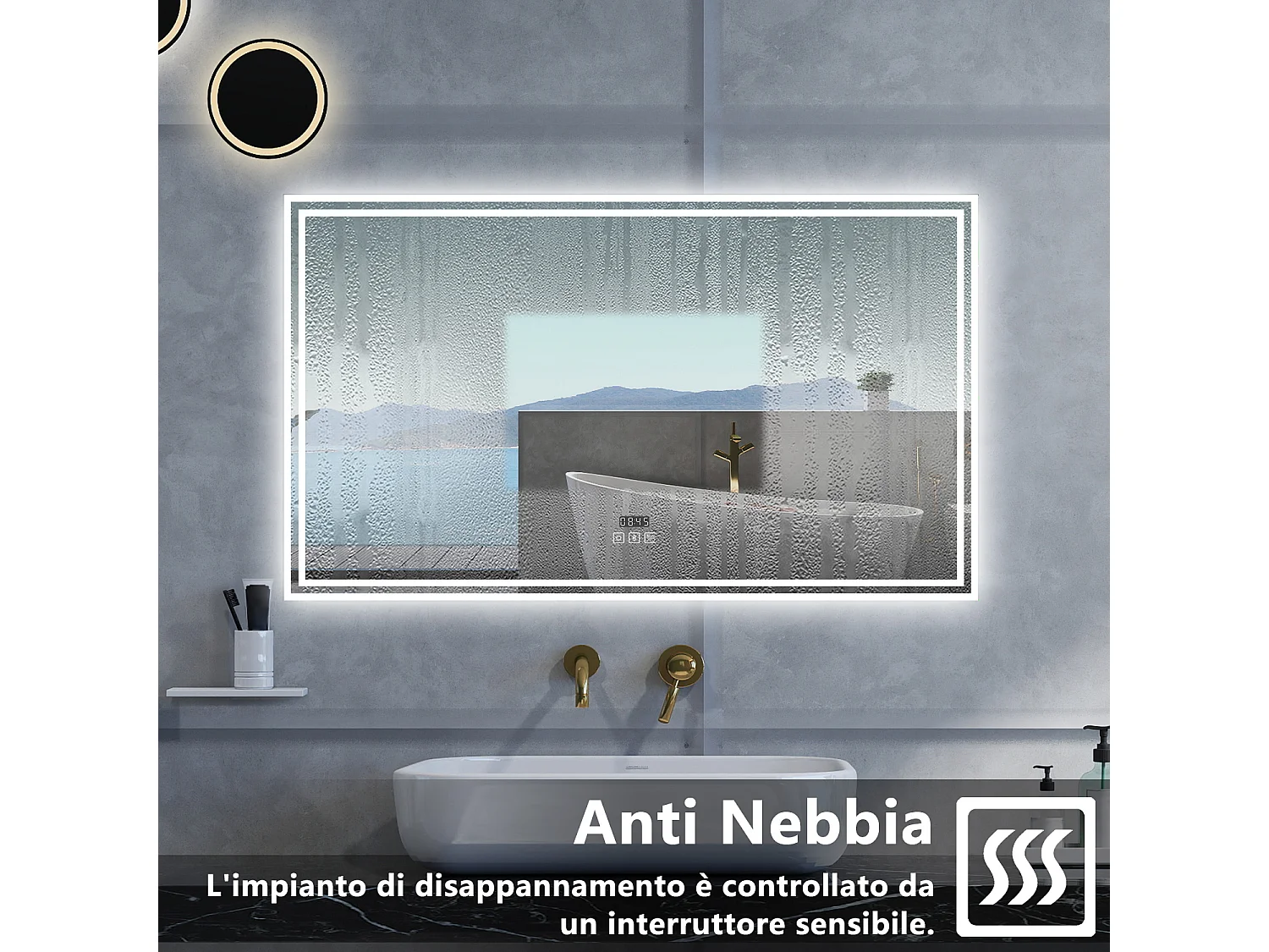Specchio da bagno Rettangolare con 160x80cm,Blue tooth,orologi,3 colori,Memoria, Antifog,Regorabile,Retroilluminato,doppio interruttore,