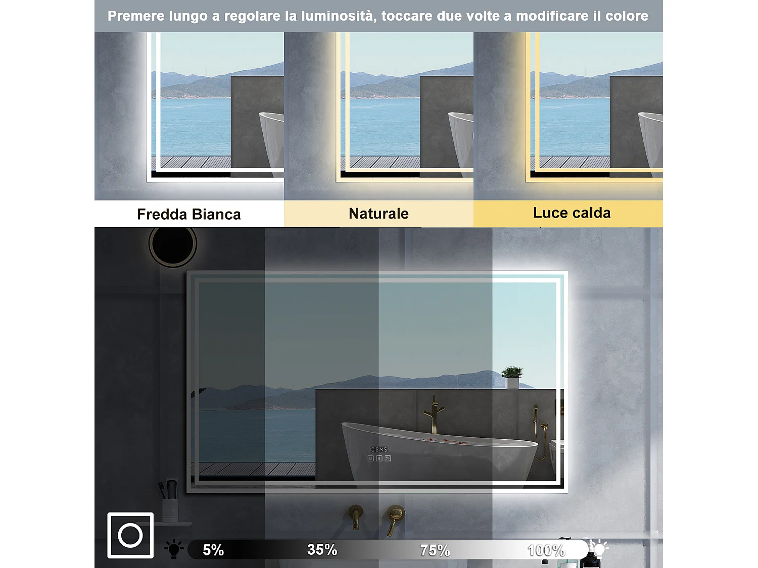 Specchio da bagno Rettangolare con 160x80cm,Blue tooth,orologi,3 colori,Memoria, Antifog,Regorabile,Retroilluminato,doppio interruttore,