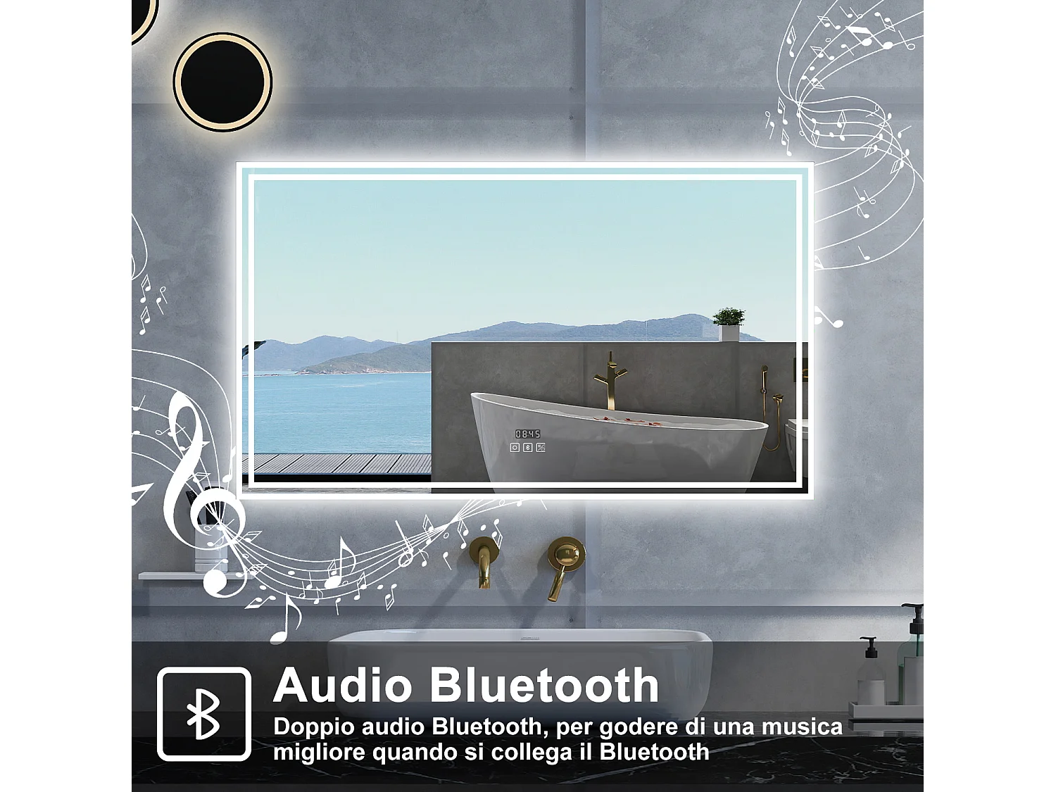 Specchio da bagno Rettangolare con 160x80cm,Blue tooth,orologi,3 colori,Memoria, Antifog,Regorabile,Retroilluminato,doppio interruttore,