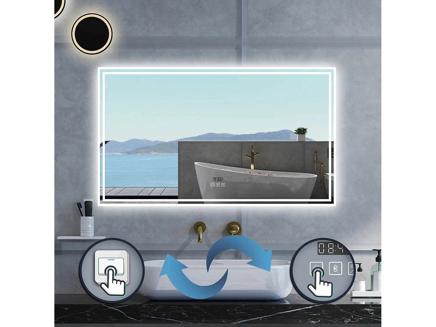 Specchio da bagno Rettangolare con 160x80cm,Blue tooth,orologi,3 colori,Memoria, Antifog,Regorabile,Retroilluminato,doppio interruttore,