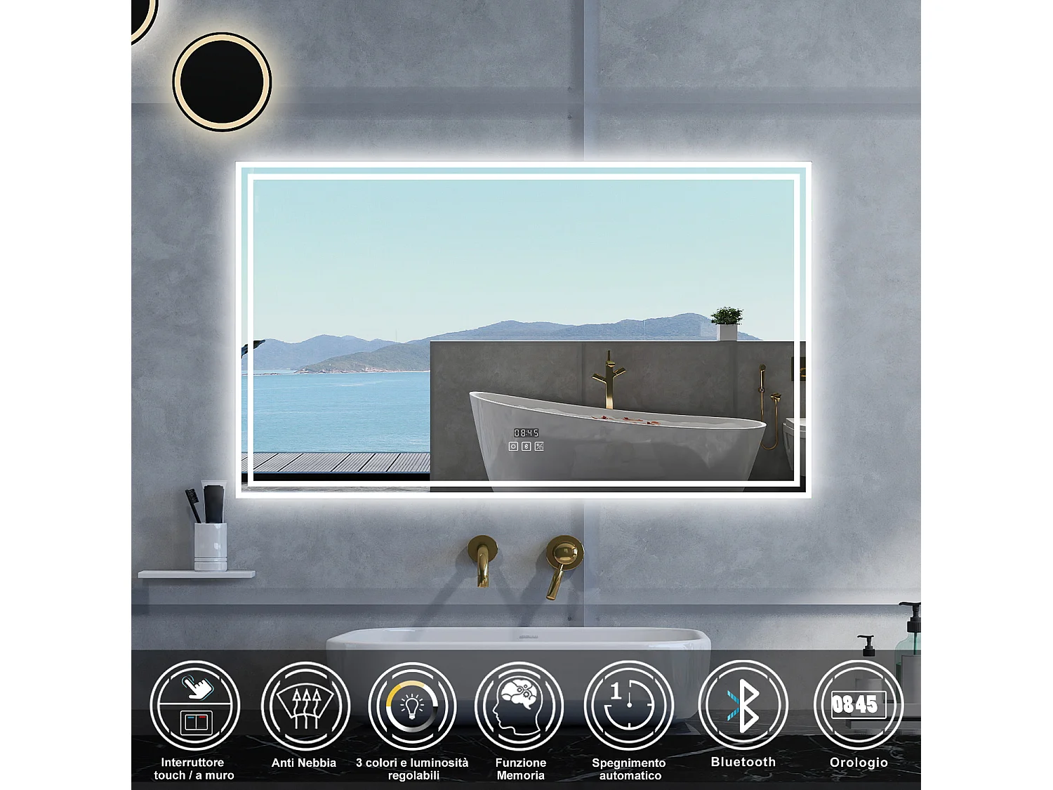 Specchio da bagno Rettangolare con 160x80cm,Blue tooth,orologi,3 colori,Memoria, Antifog,Regorabile,Retroilluminato,doppio interruttore,
