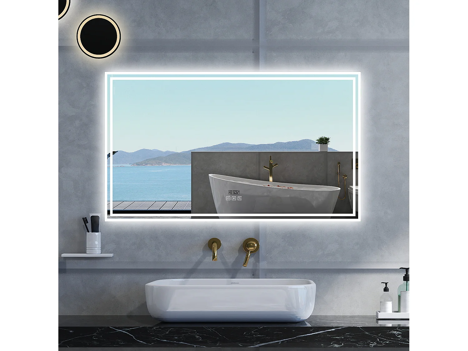 Specchio da bagno Rettangolare con 160x80cm,Blue tooth,orologi,3 colori,Memoria, Antifog,Regorabile,Retroilluminato,doppio interruttore,