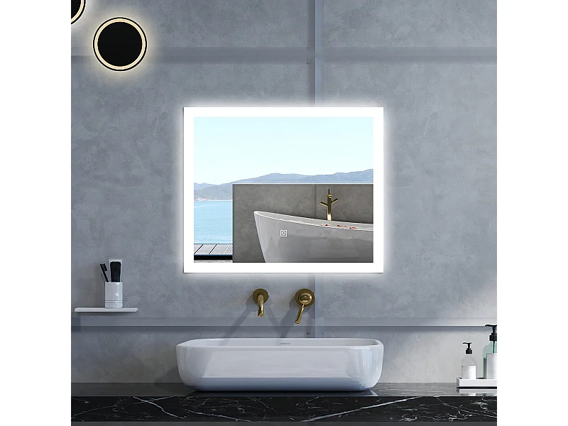 Specchio da bagno Rettangolare con 90x70cm,3 colori,Memoria, Antifog,Regorabile,Retroilluminato,doppio interruttore,