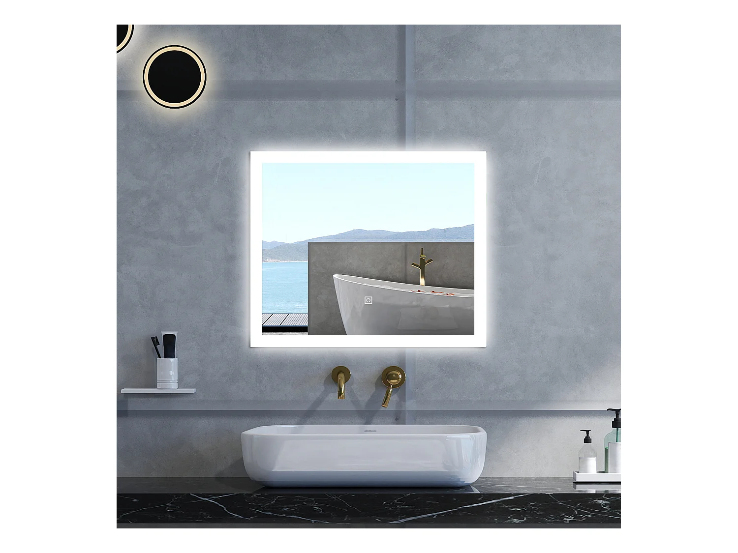 Specchio da bagno Rettangolare con 90x70cm,3 colori,Memoria, Antifog,Regorabile,Retroilluminato,doppio interruttore,