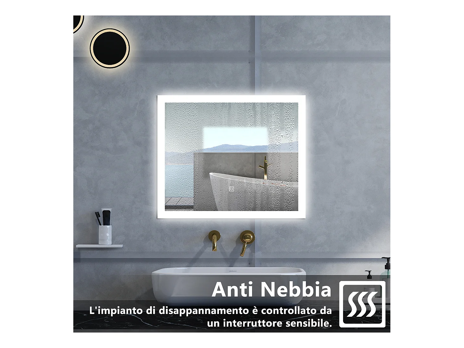 Specchio da bagno Rettangolare con 90x70cm,3 colori,Memoria, Antifog,Regorabile,Retroilluminato,doppio interruttore,